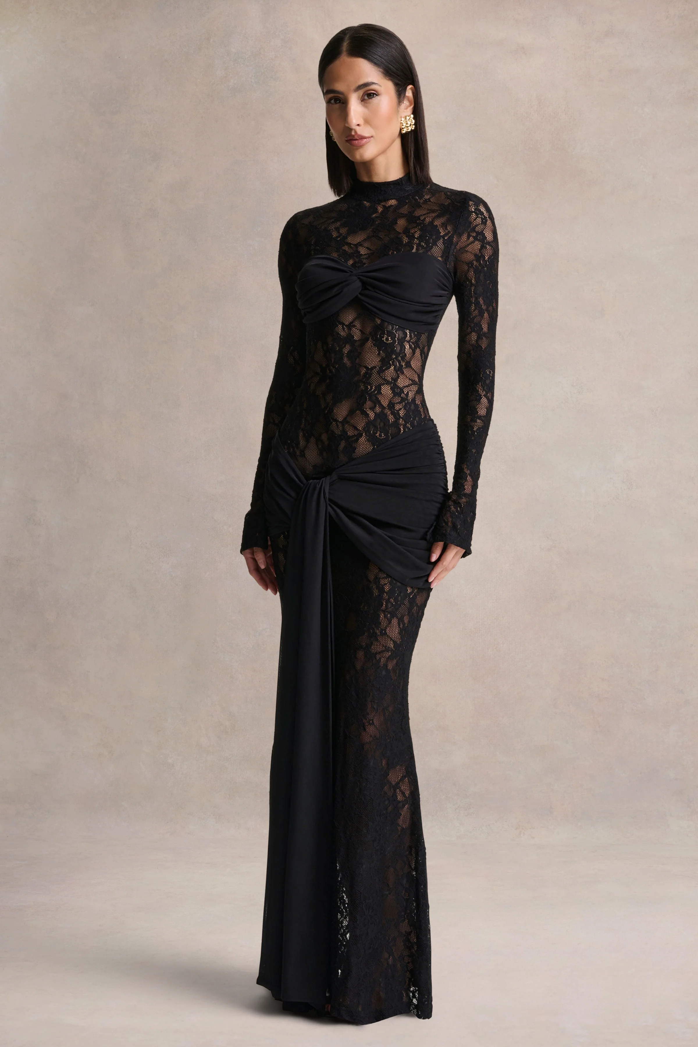 Akira | Black Lace Maxi Dress With Sash-Detail - Image 4