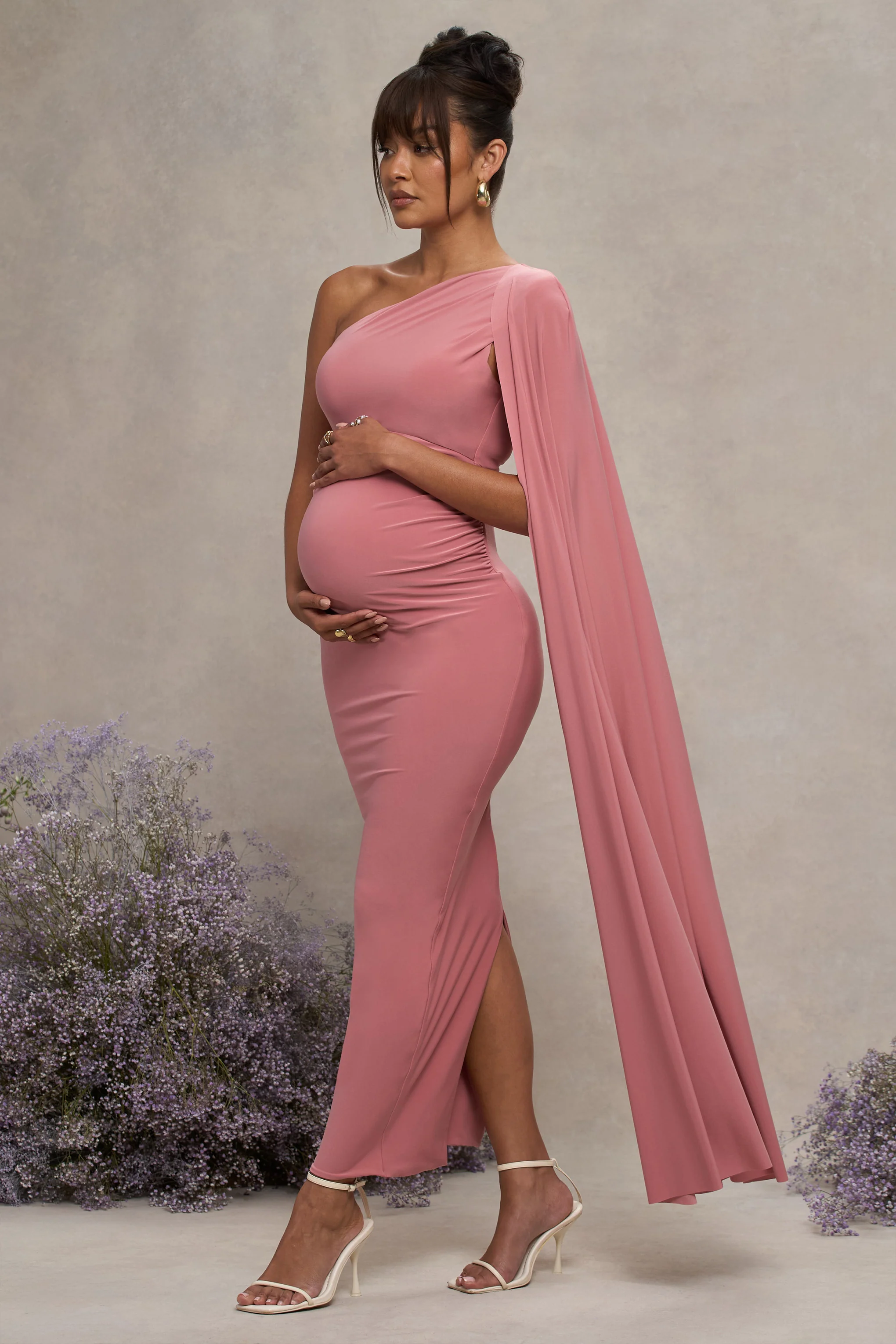 Amaryllis | Blush Pink Maternity One Shoulder Maxi Dress with Cape Sleeve - Image 4