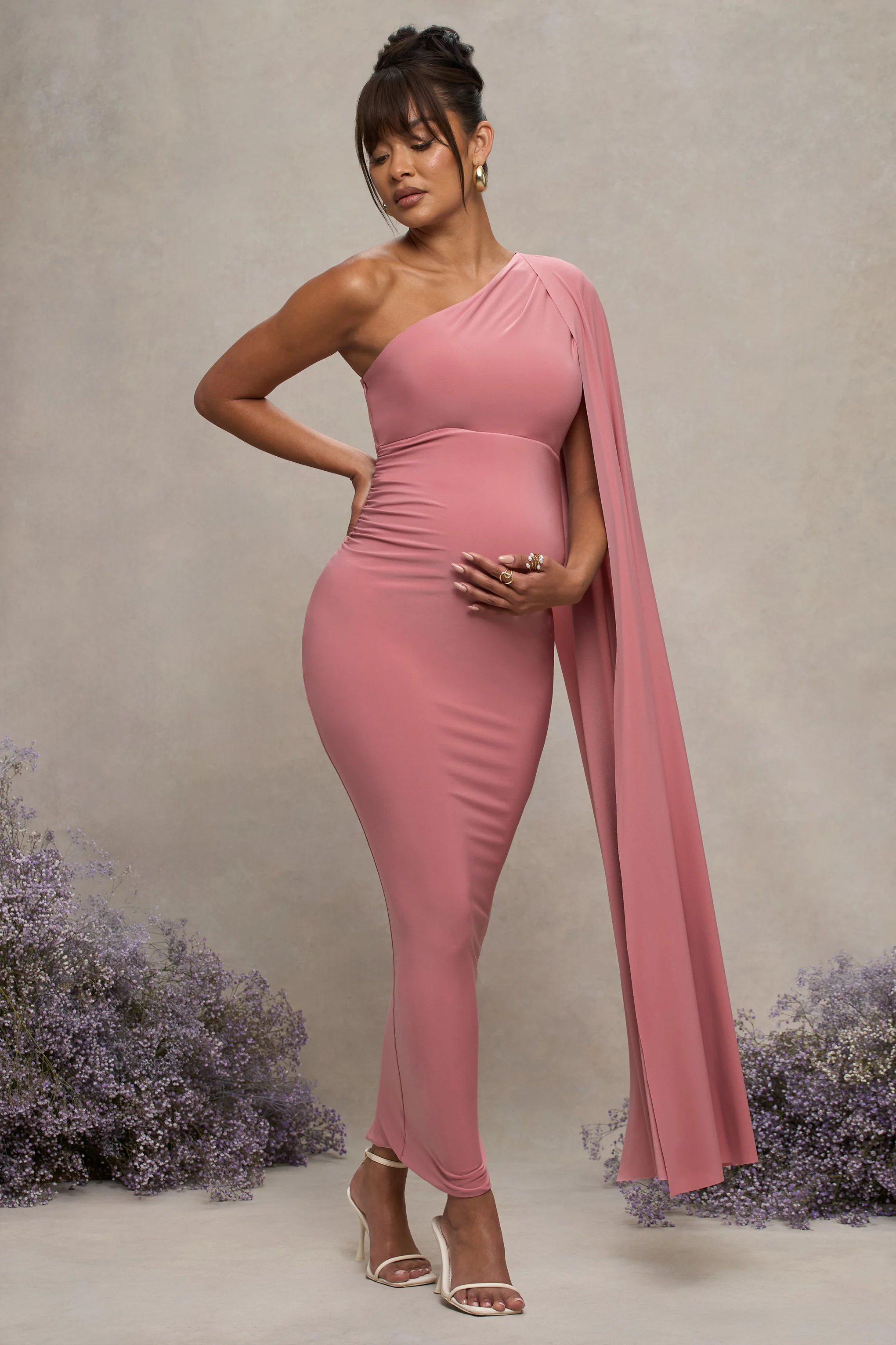 Amaryllis | Blush Pink Maternity One Shoulder Maxi Dress with Cape Sleeve - Image 5