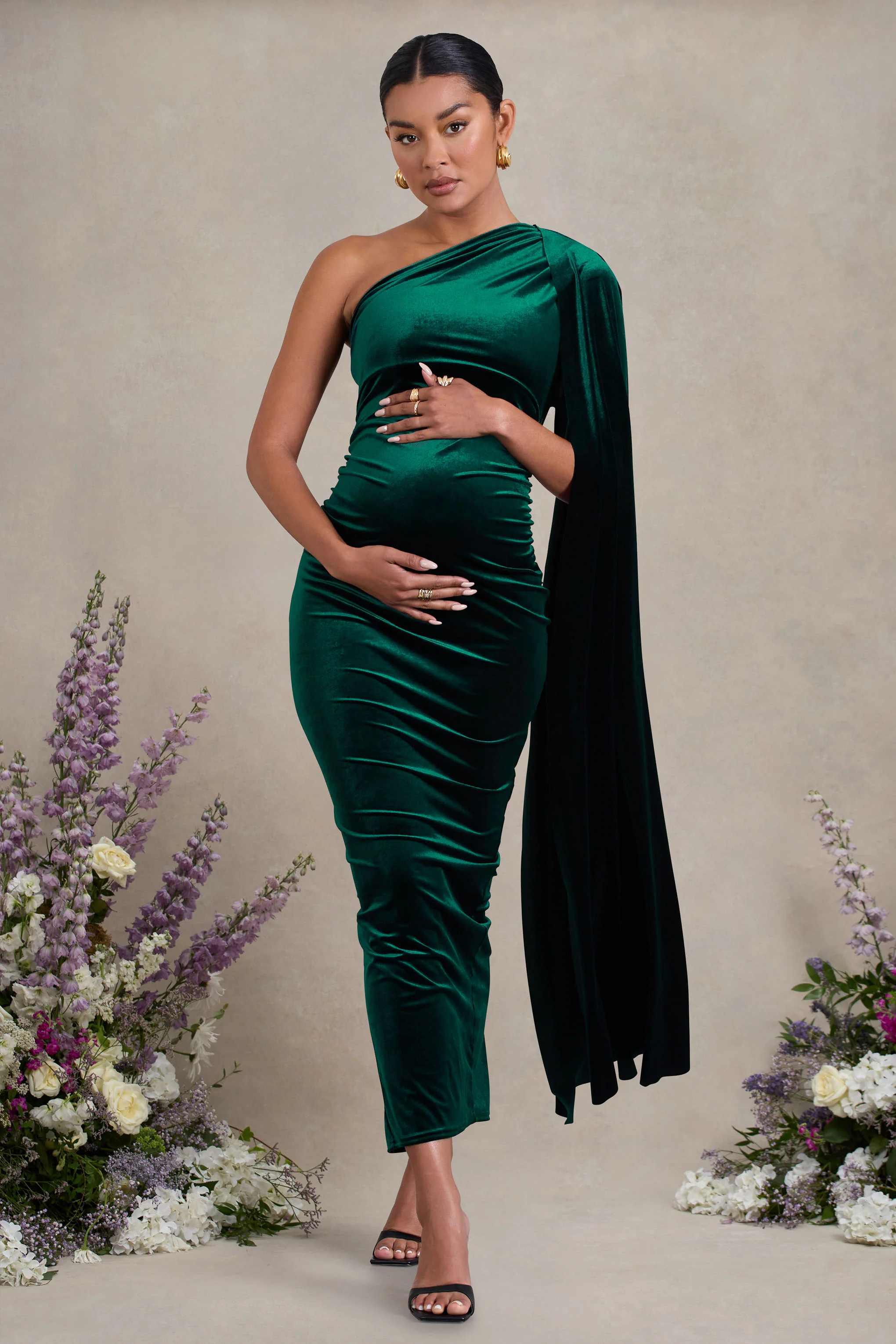 Amaryllis | Bottle Green Velvet Maternity One Shoulder Maxi Dress with Cape Sleeve - Image 4