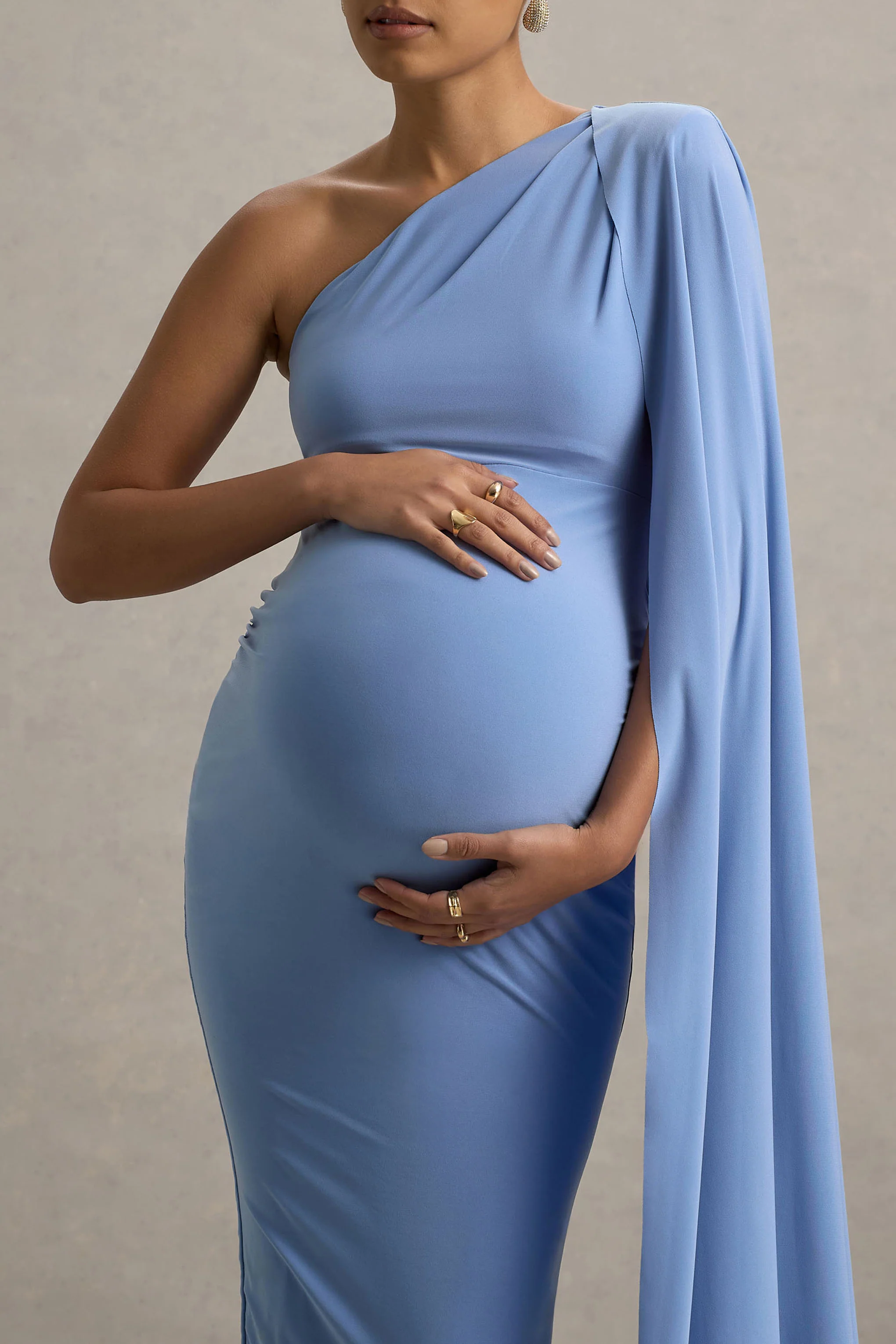 Amaryllis | Powder Blue Maternity One Shoulder Maxi Dress with Cape Sleeve - Image 3