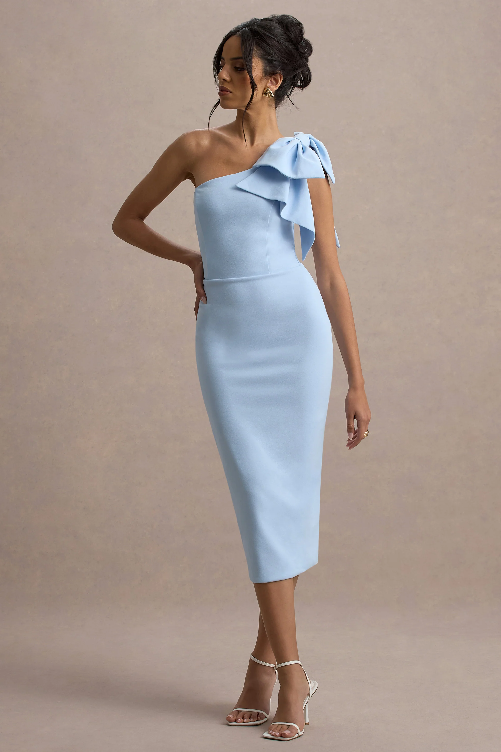 Ambretta | Powder Blue One-Shoulder Midi Dress With Bow - Image 4