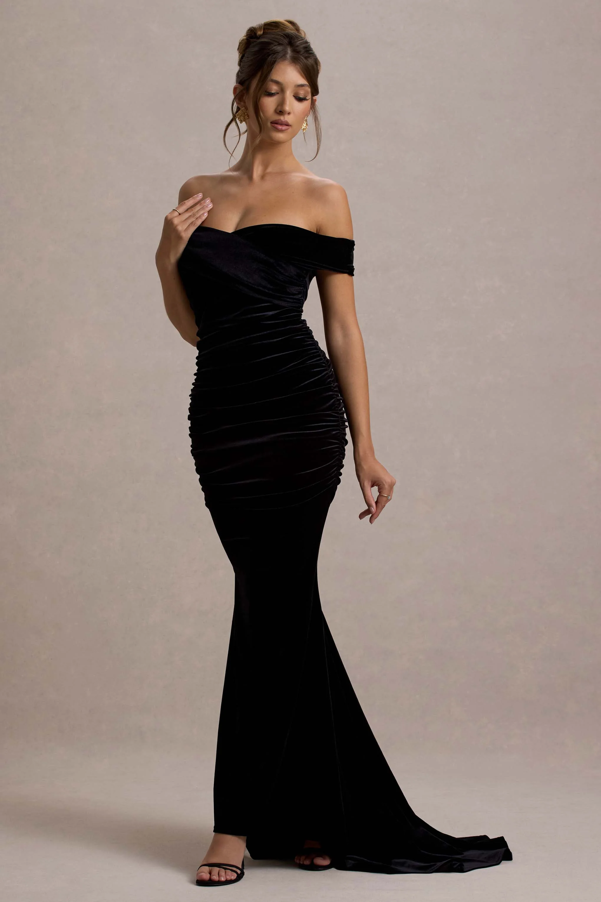 Apolline | Black Velvet Off The Shoulder Ruched Fishtail Maxi Dress - Image 4