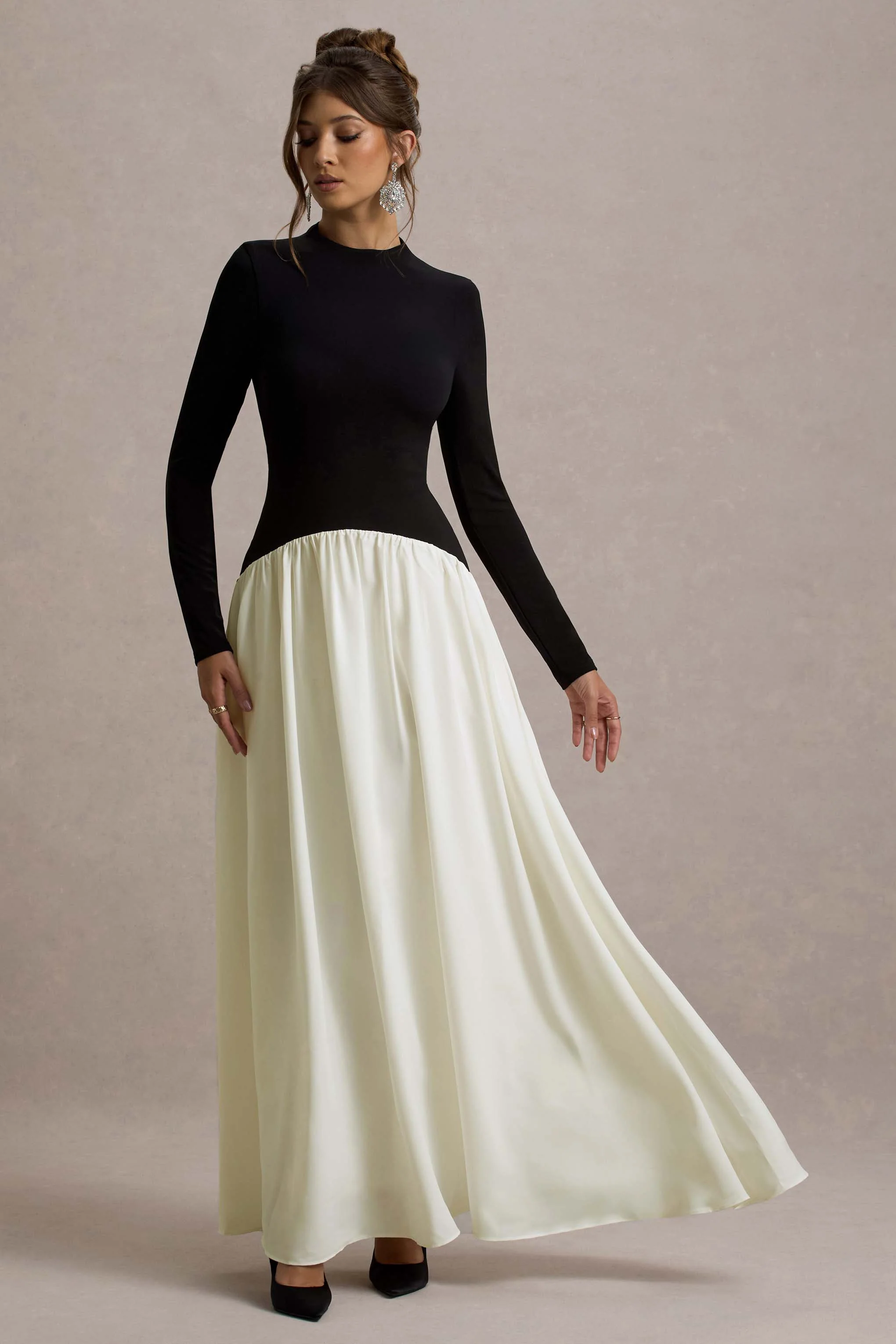 Benedetta | Black & Cream Long-Sleeve Drop-Waist Maxi Dress - Image 4