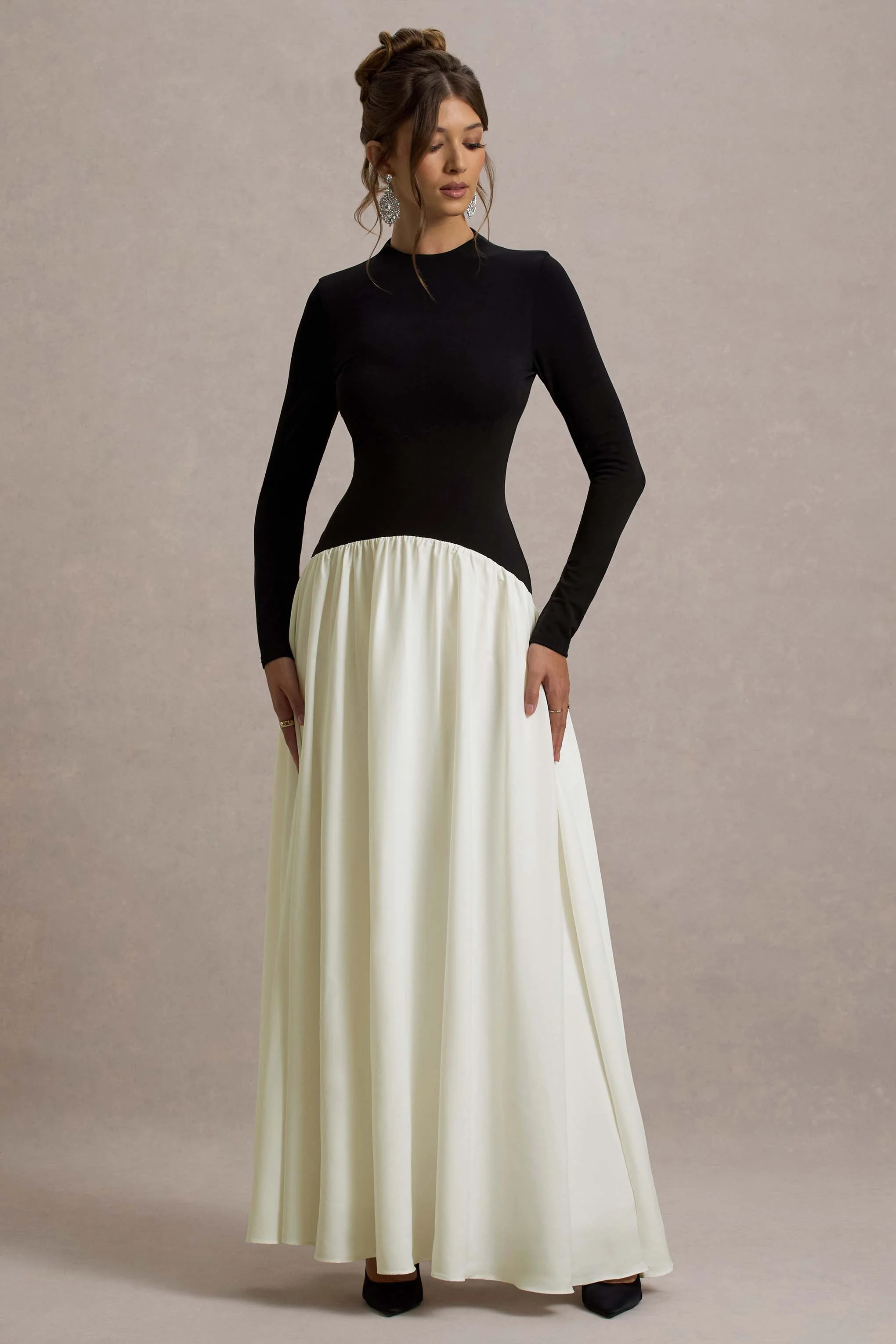 Benedetta | Black & Cream Long-Sleeve Drop-Waist Maxi Dress - Image 5
