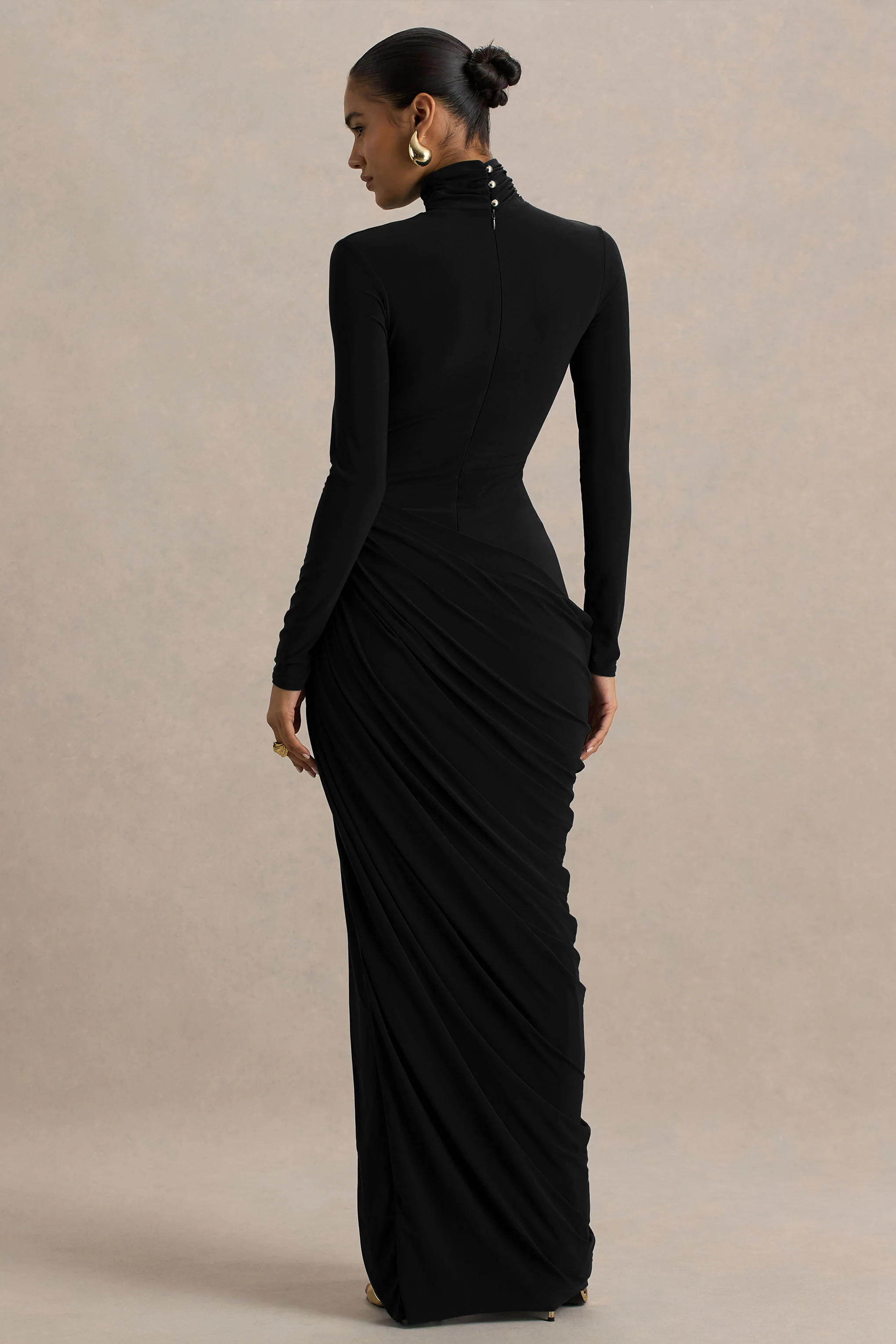Betsy | Black High-Neck Maxi Dress With Front Split And Ruched Detailing - Image 3