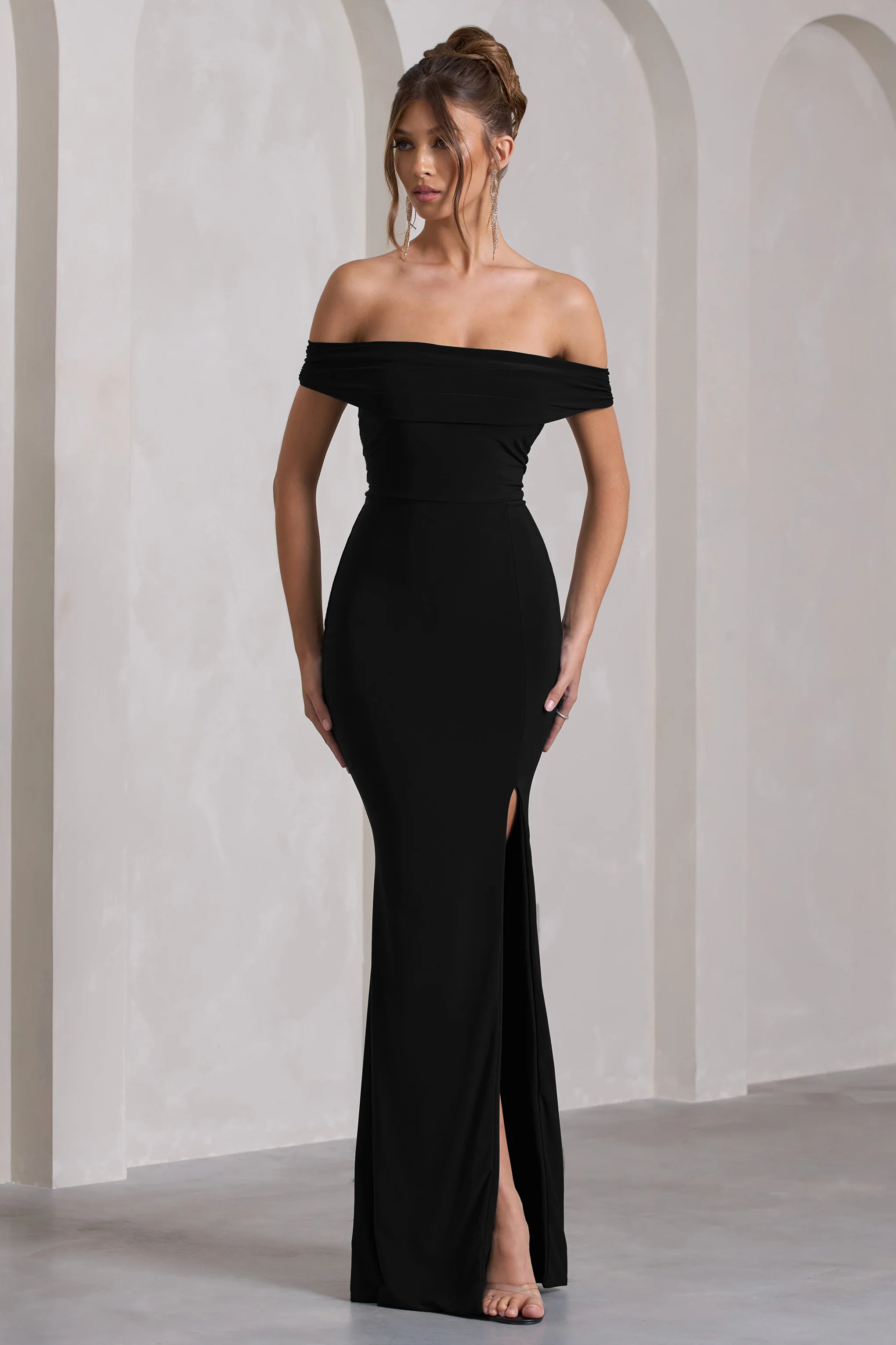 Law of Attraction | Black Bardot Draped Split Maxi Dress - Image 5