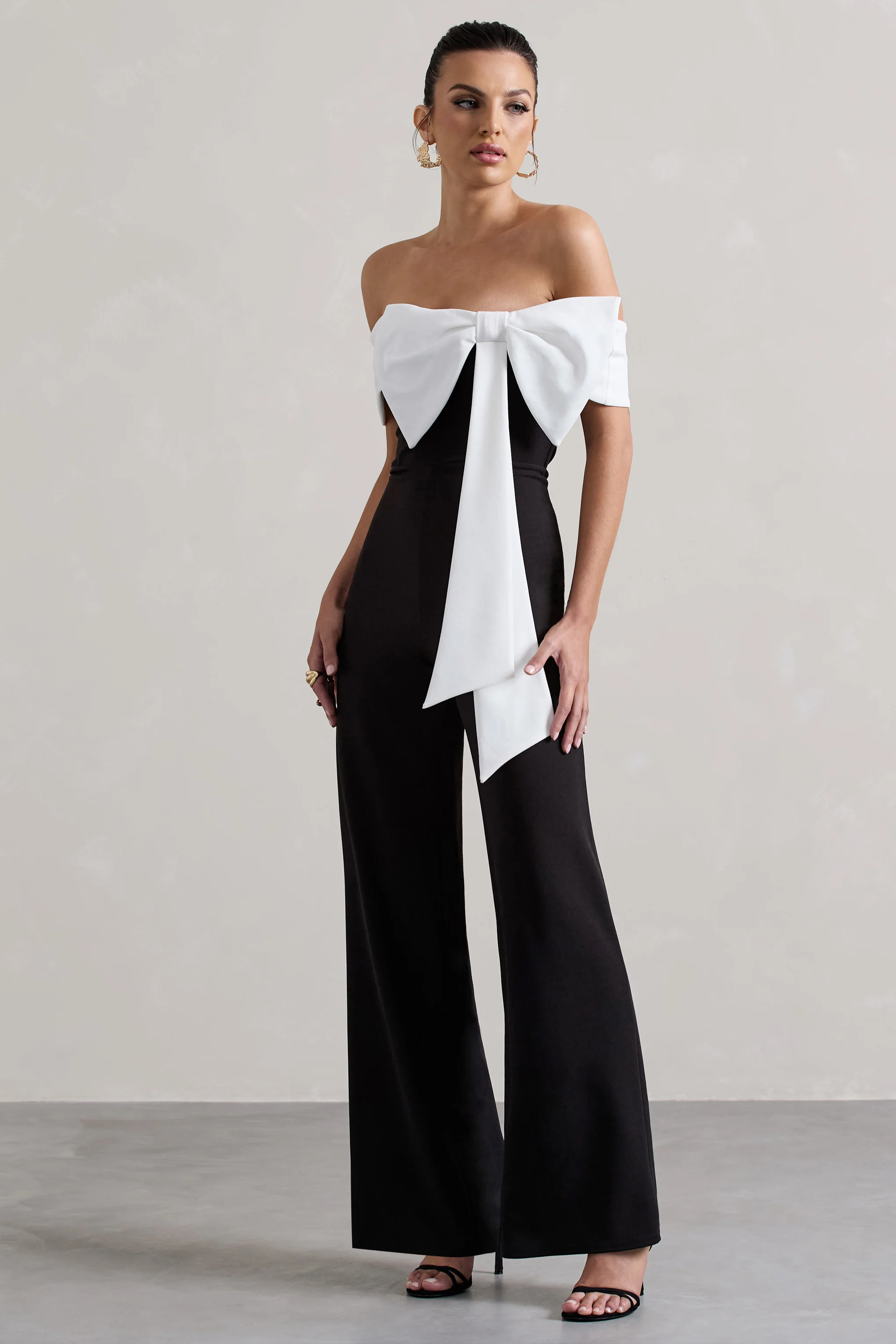 Bower | Black Bardot Straight-Leg Jumpsuit With Bow - Image 4