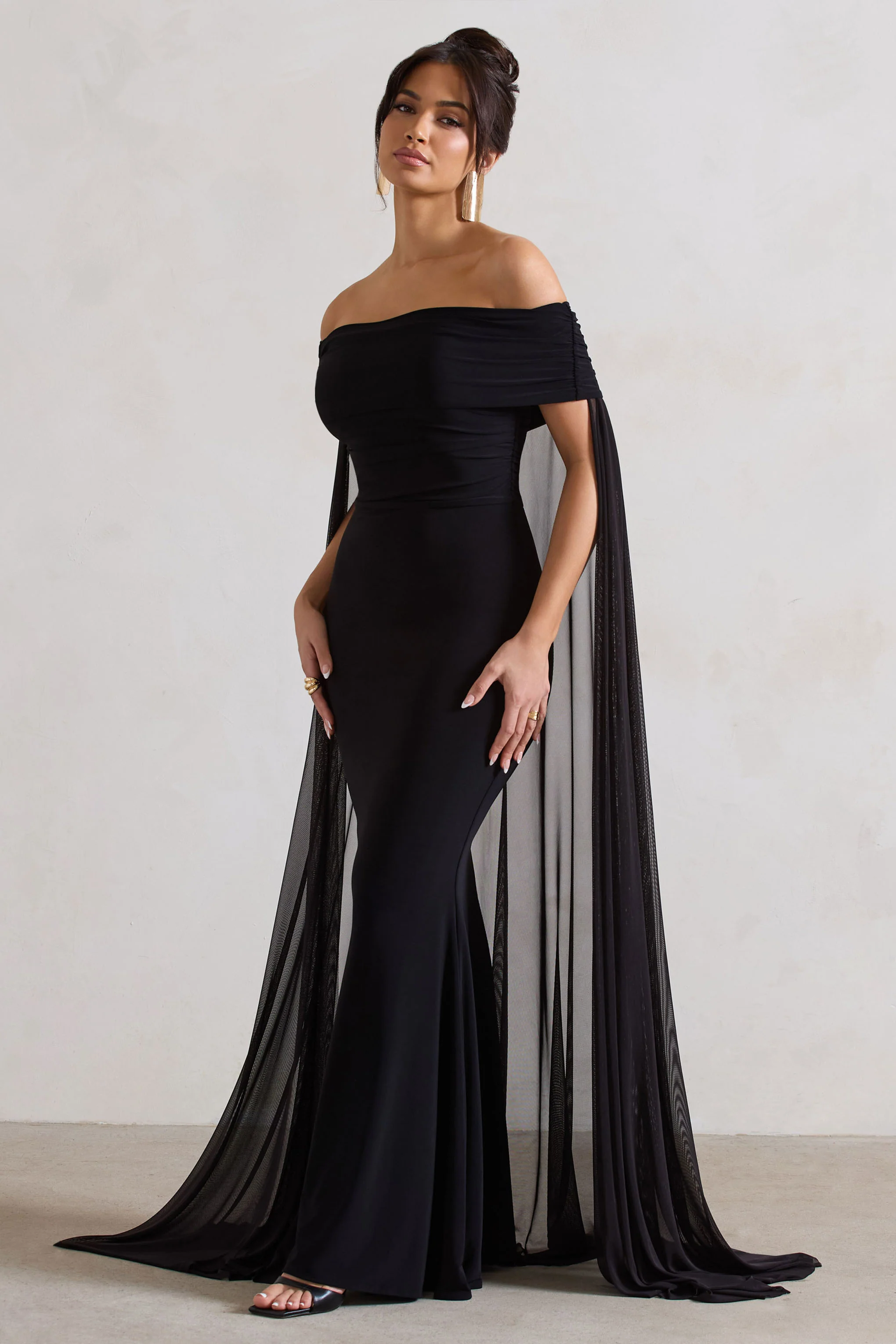 Carlotta | Black Bardot Maxi Dress With Chiffon Cape - Image 4