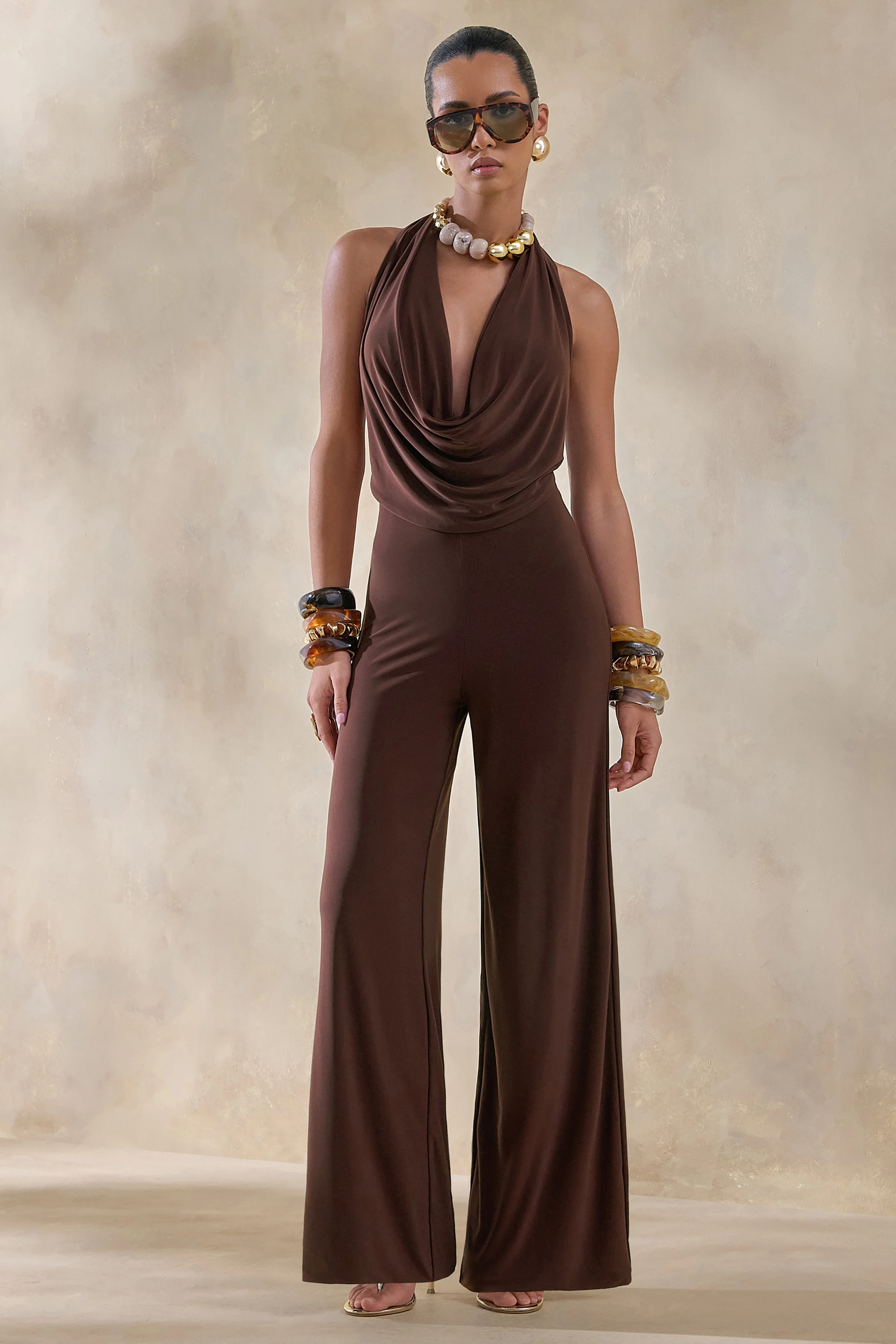 Clemence | Brown Plunge-Neck Jumpsuit - Image 4