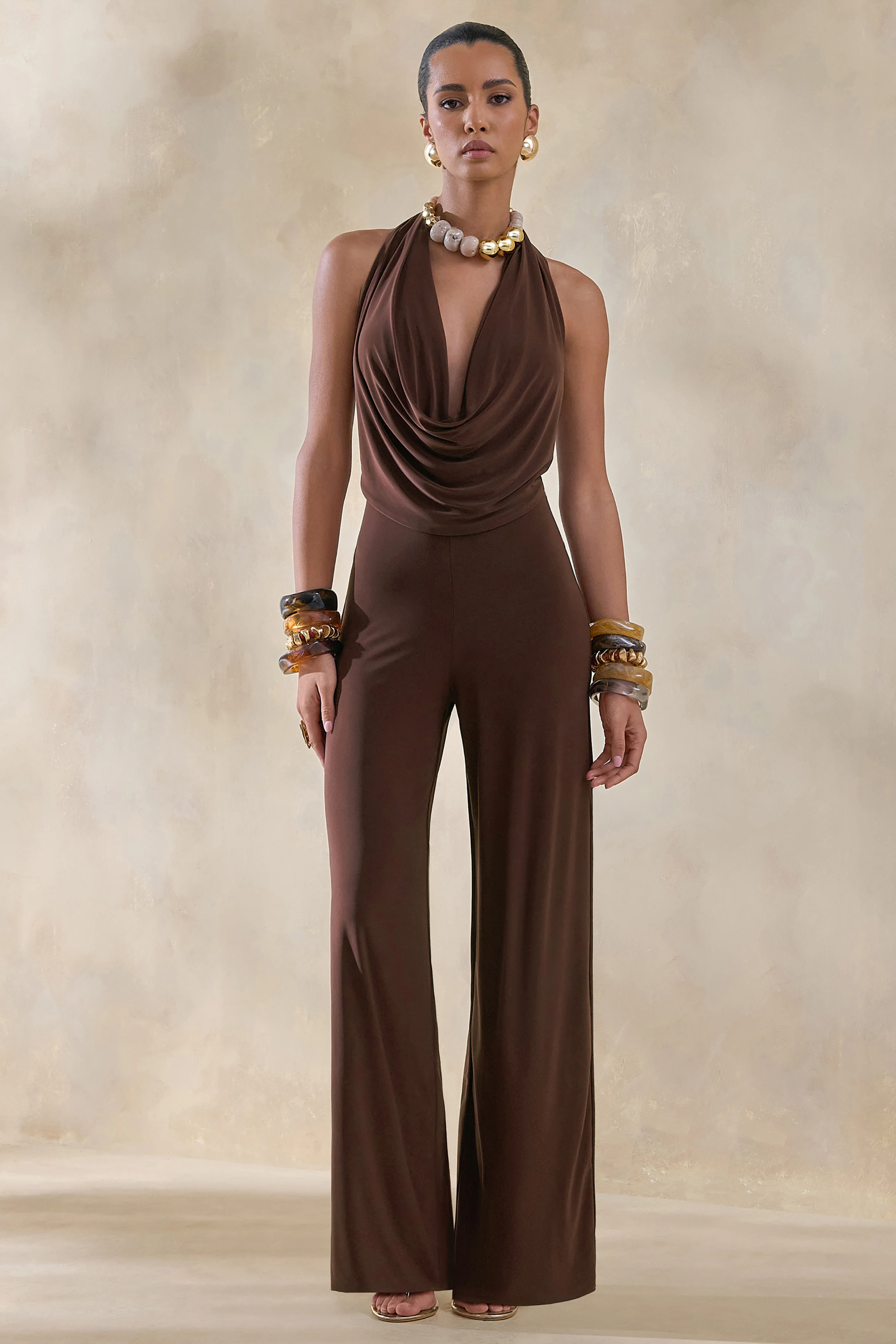 Clemence | Brown Plunge-Neck Jumpsuit - Image 5