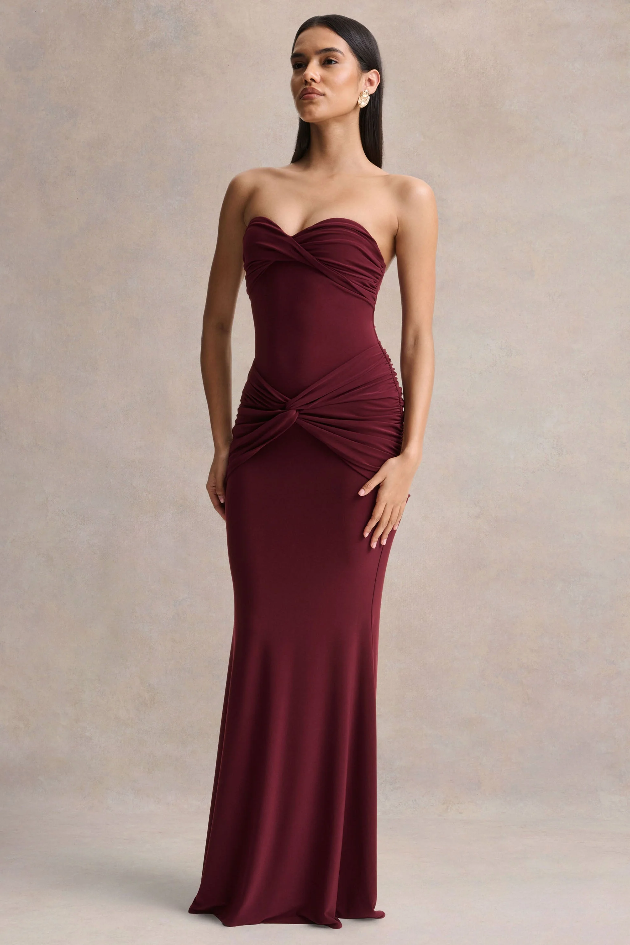 Elodia | Burgundy Bandeau Maxi Dress With Gathered-Detailing - Image 3