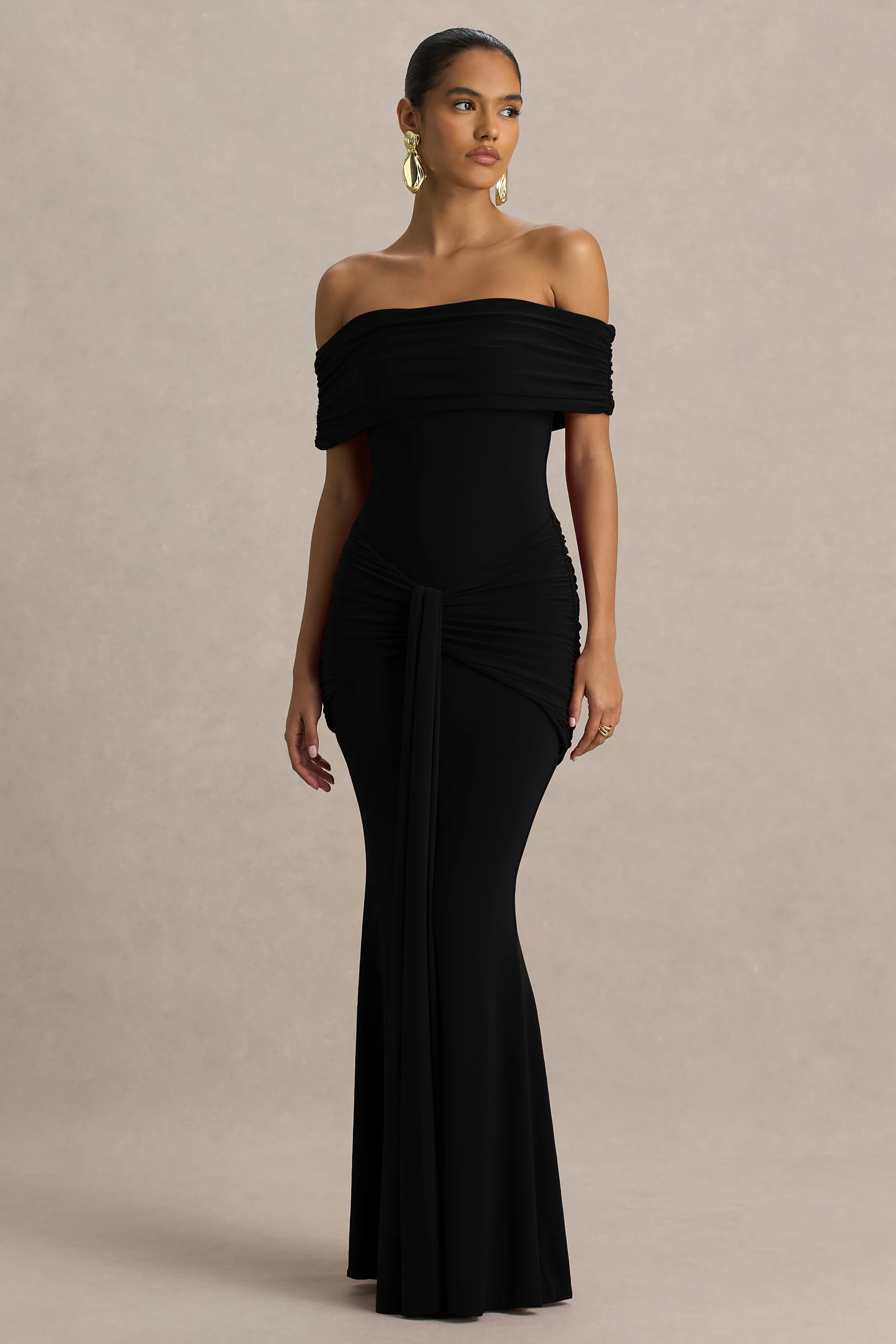 Envisioned | Black Bardot-Neck Maxi Dress With Gathered And Drape Detail - Image 5