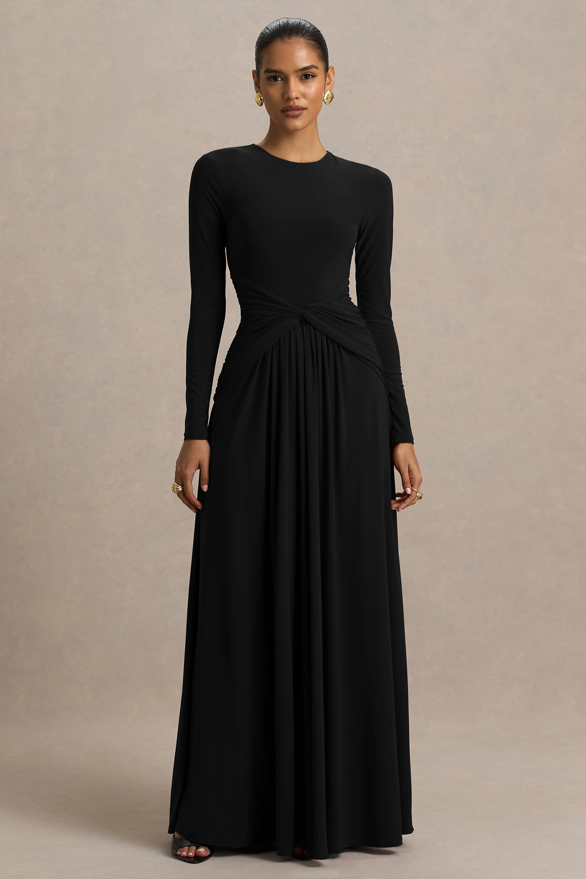 Estrella | Black High-Neck Maxi Dress With Ruched Detailing - Image 4