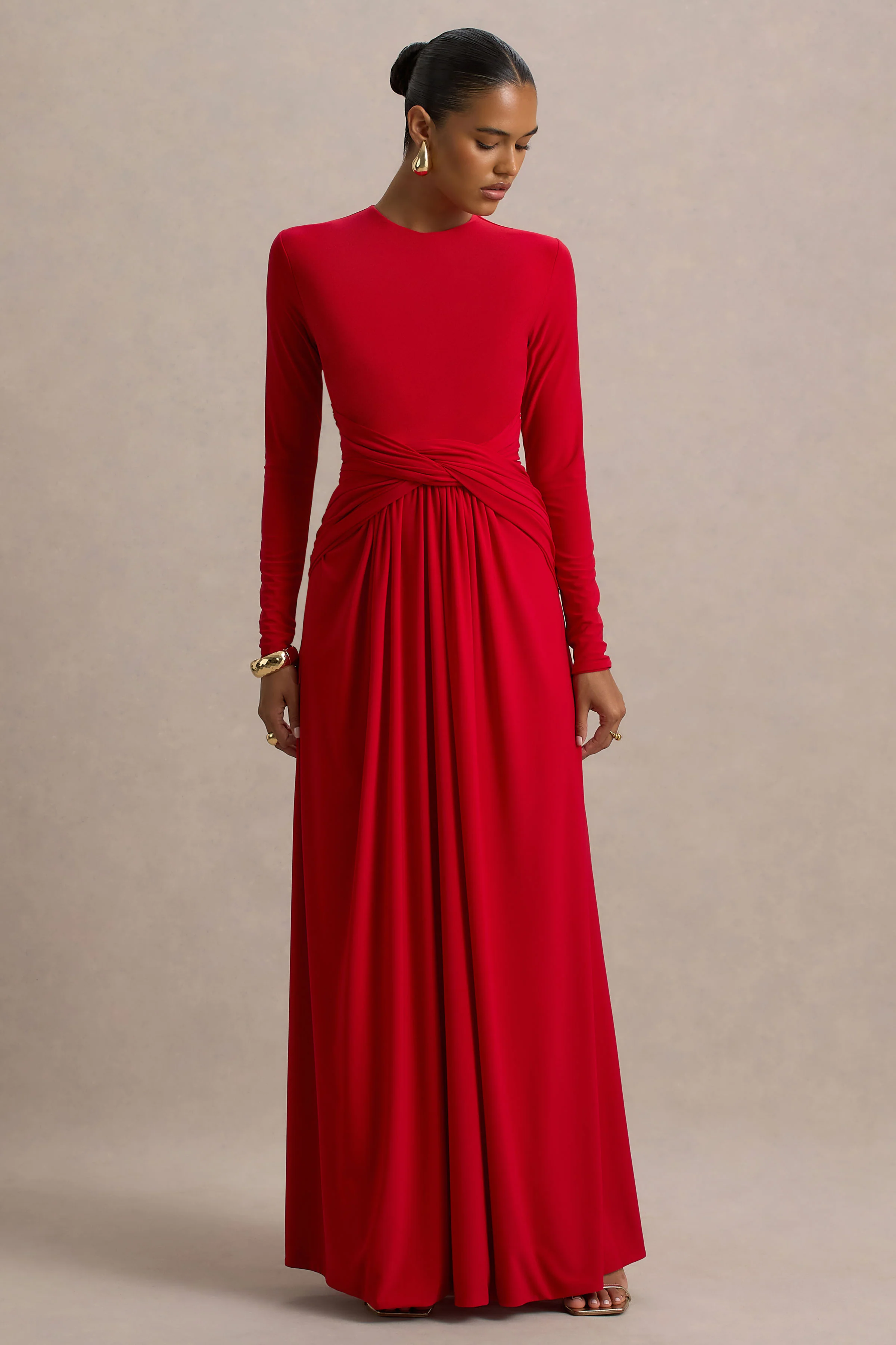 Estrella | Red High-Neck Maxi Dress With Ruched Detailing - Image 5