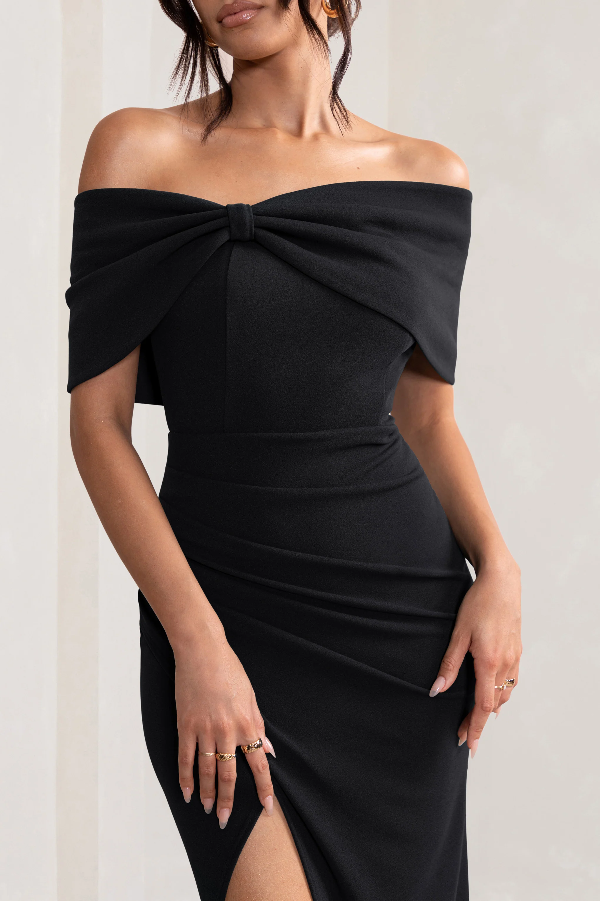Eva | Black Bardot Bow Detail Maxi Dress With Thigh Split - Image 3