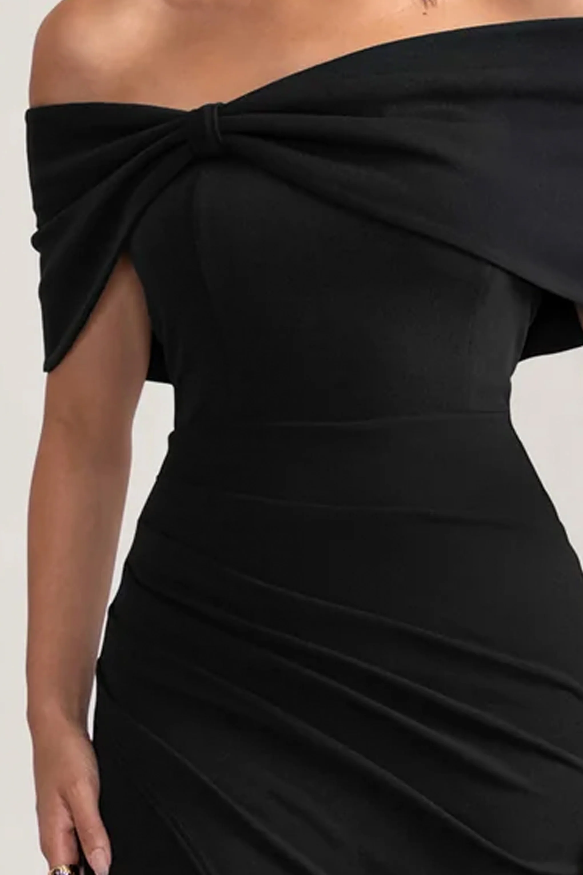 Eva | Black Bardot Bow Detail Maxi Dress With Thigh Split - Image 5