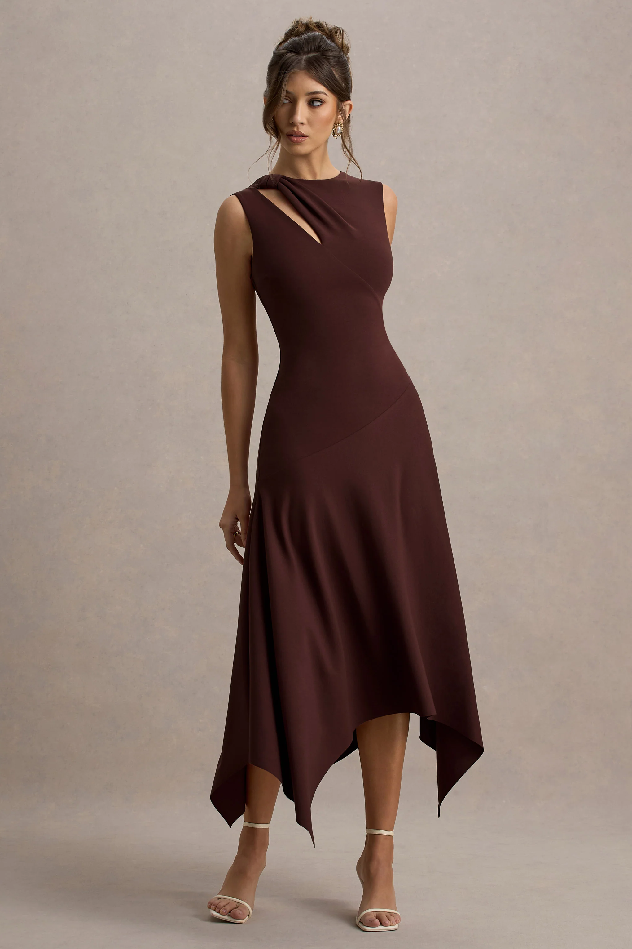 Francesca | Brown Knotted Midi Dress With Handkerchief Hem - Image 5