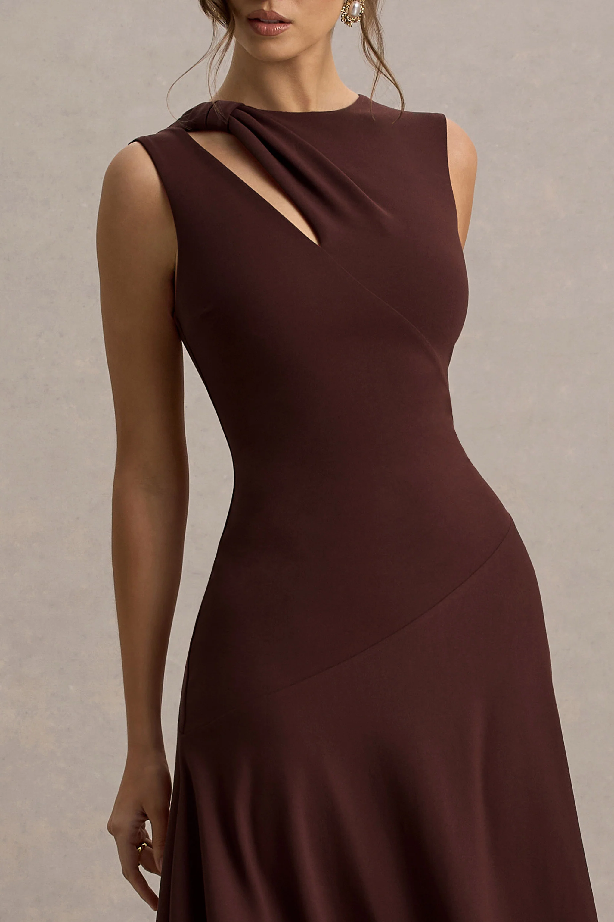 Francesca | Brown Knotted Midi Dress With Handkerchief Hem - Image 6