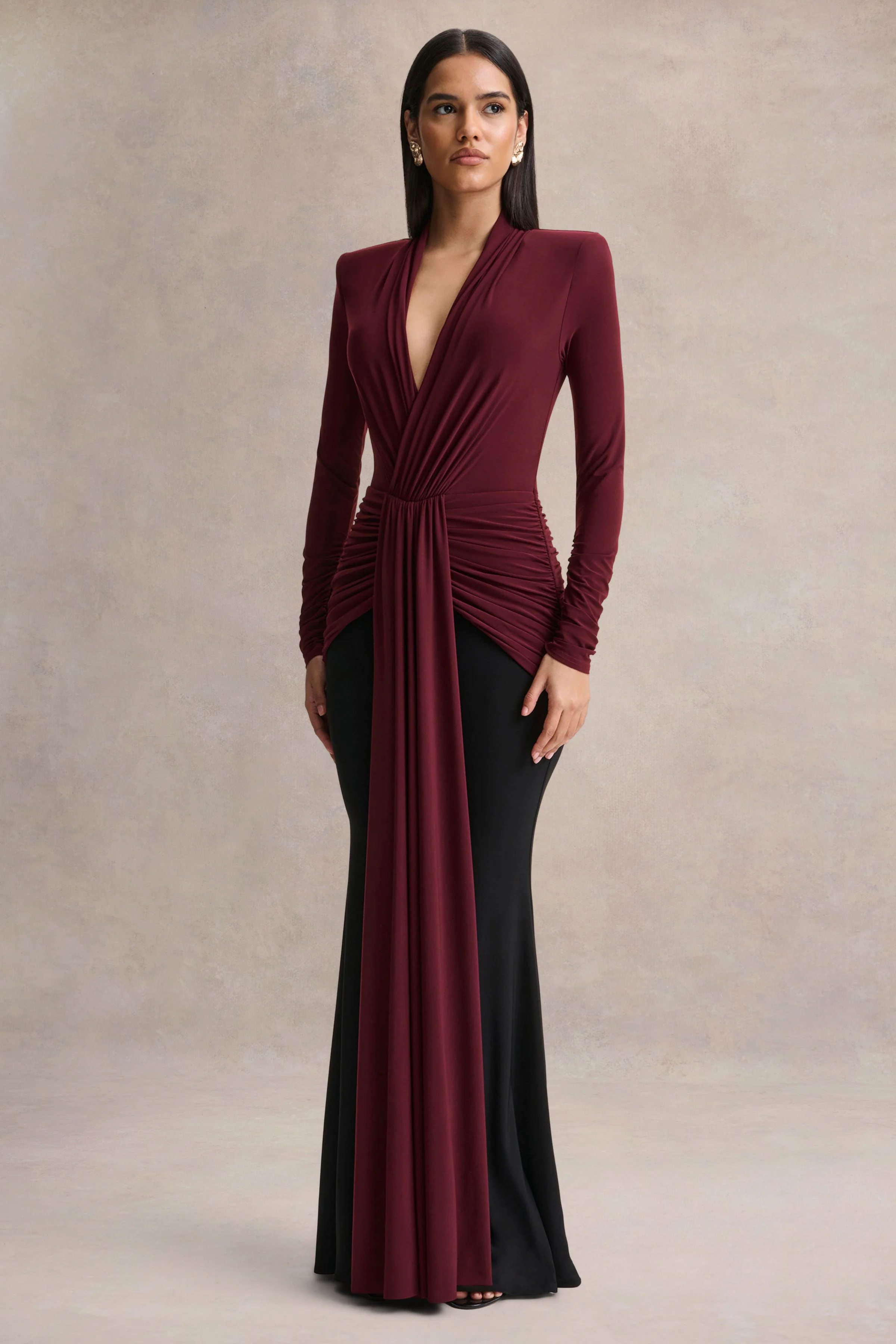 Halston | Burgundy And Black Plunge-Neck Maxi Dress With Gathered-Detailing - Image 5