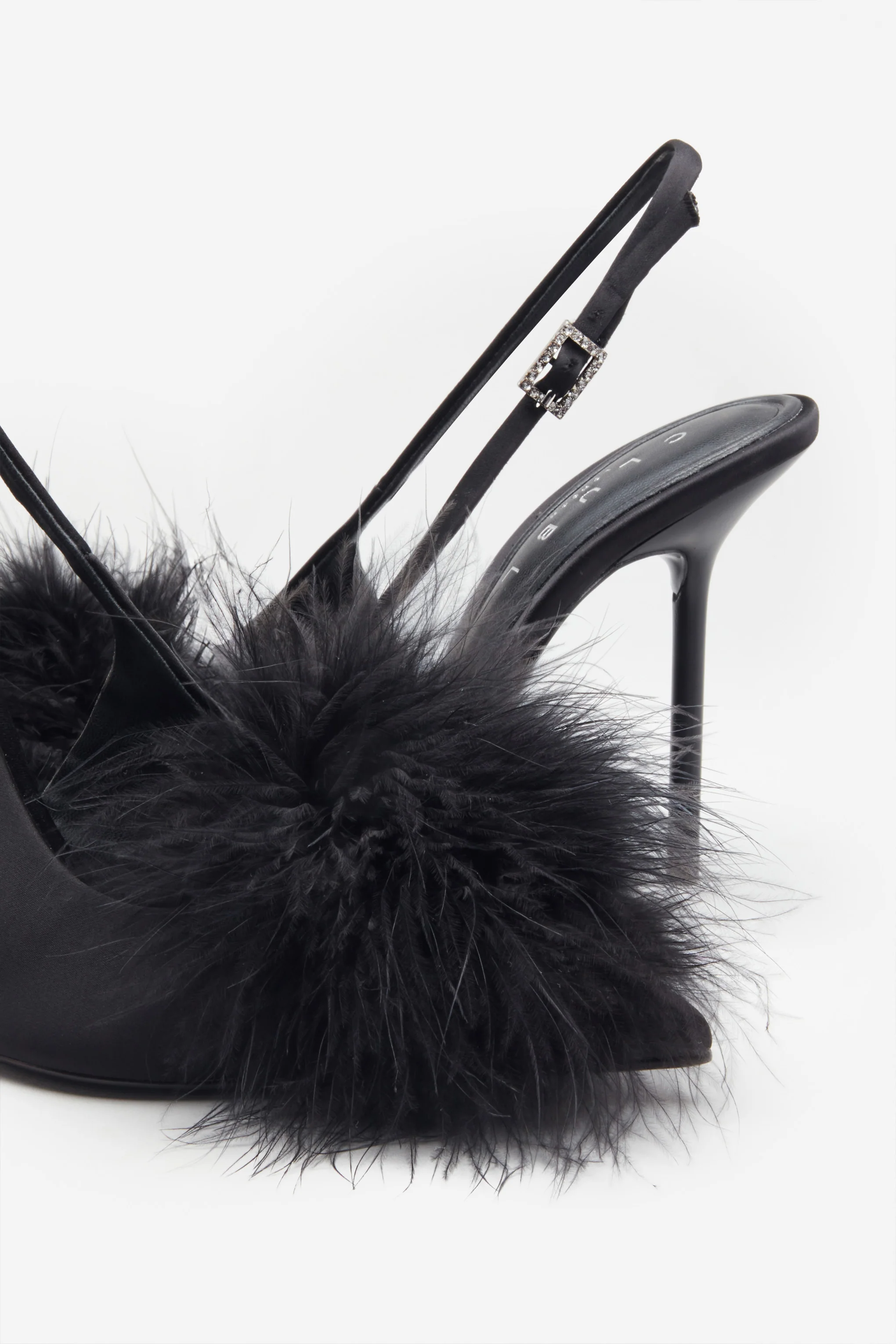 High Pitched | Black Satin Sling Back Heels With Pom Poms - Image 5