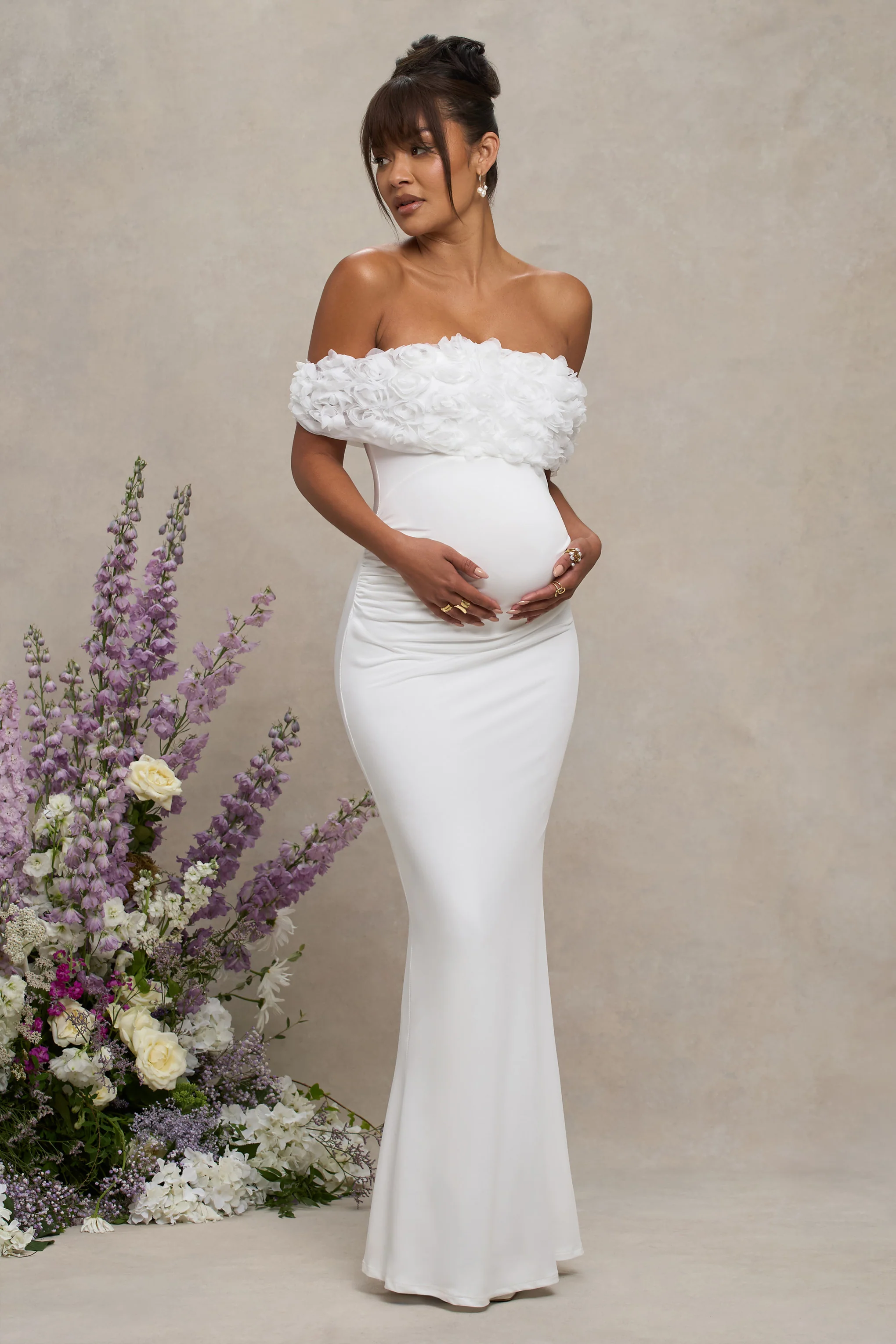Inflorescence | White Mesh Floral Bardot Maternity Maxi Dress - Image 5