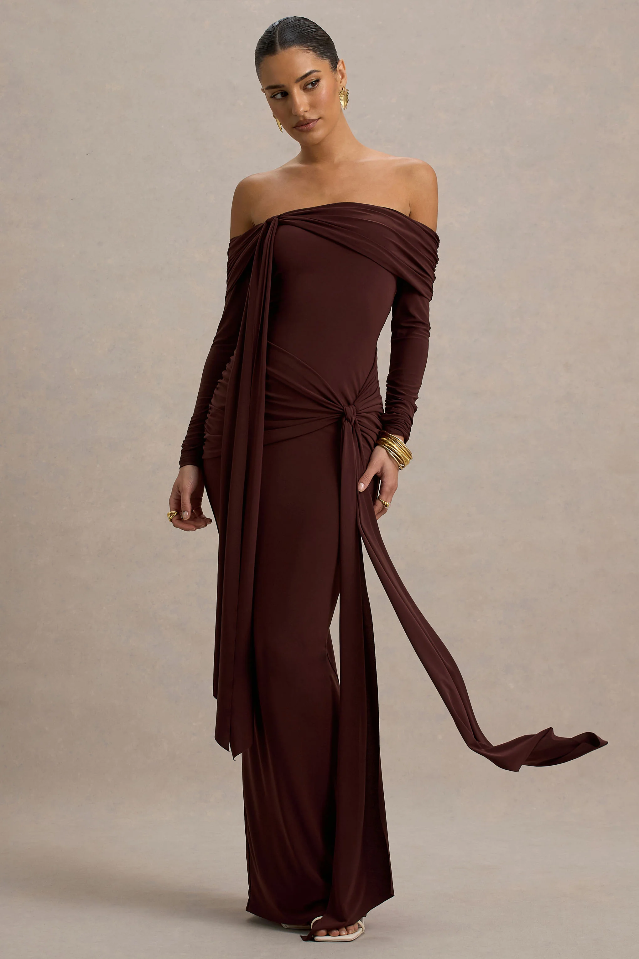 Jovie | Brown Bardot Wrap Maxi Dress With Sash Detail - Image 3