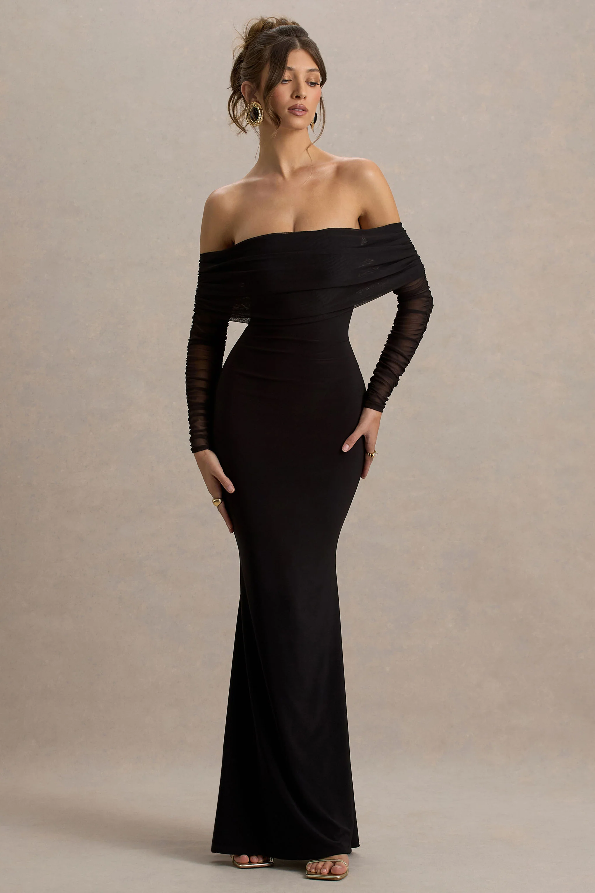Madeleine | Black Fishtail Maxi Dress With Bardot Mesh Long Sleeves - Image 6