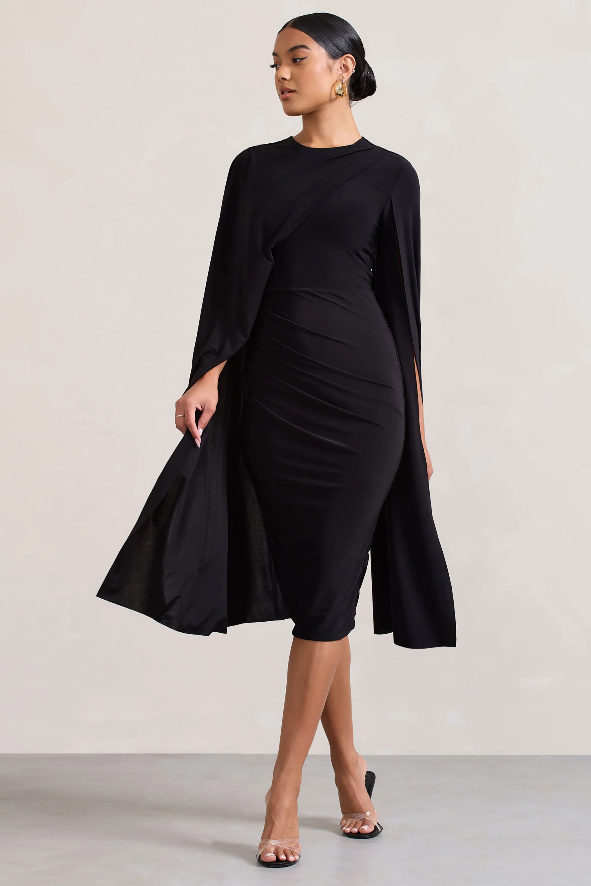 Marysol | Black Asymmetric Cape Midi Dress - Image 5