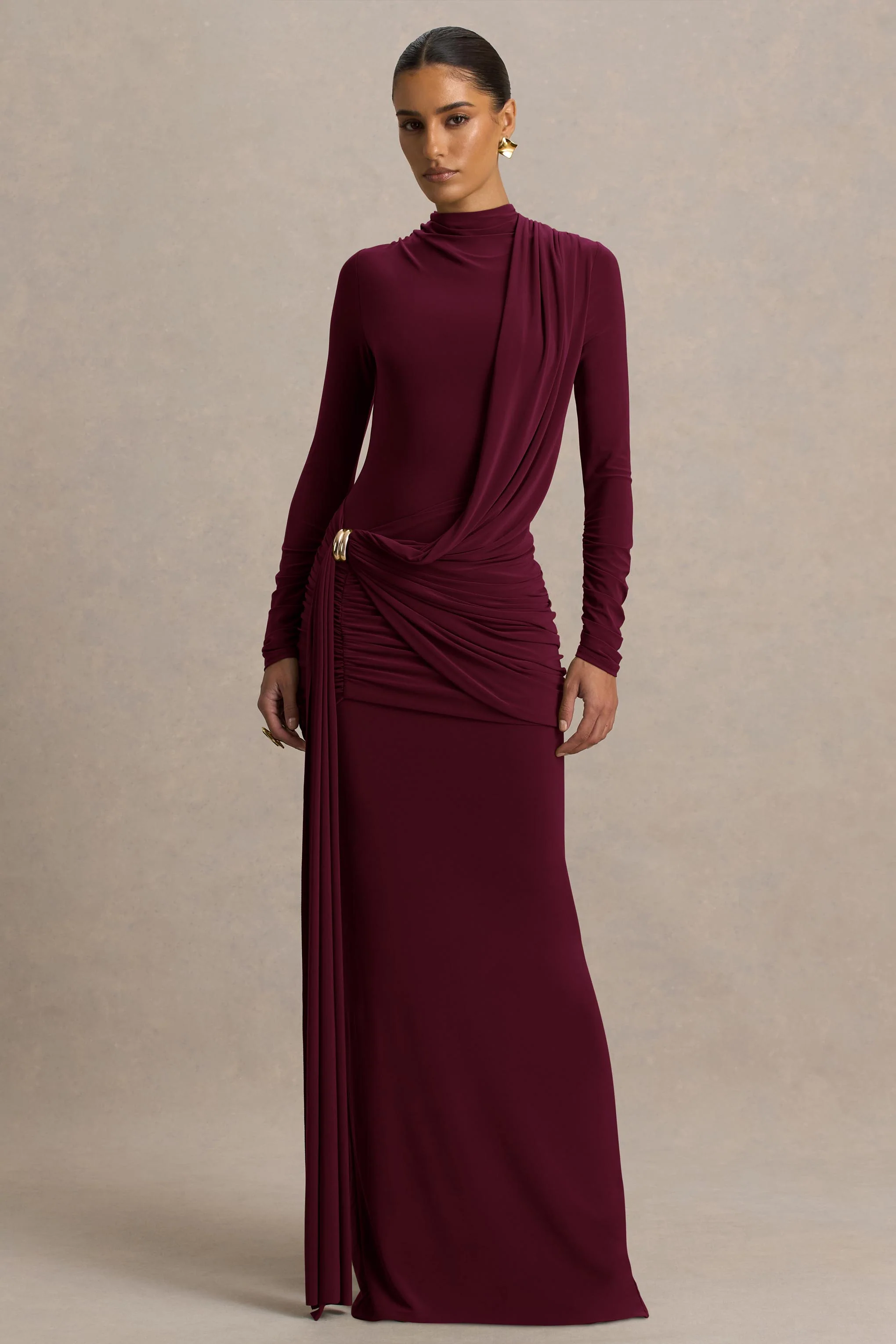 Melissa | Burgundy Long-Sleeve Wrap Maxi Dress With Draped Detailing - Image 4