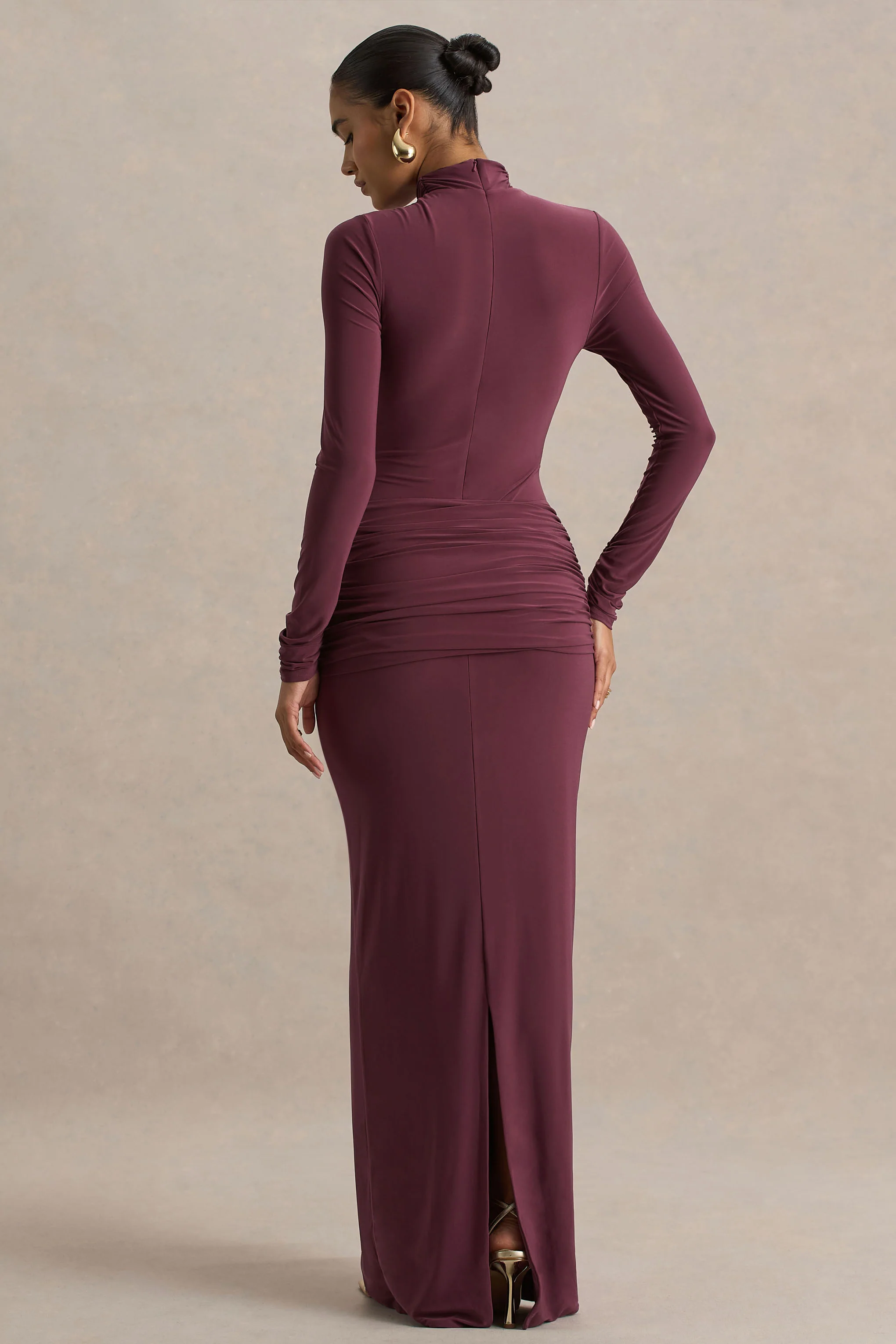 Myra | Burgundy High-Neck Maxi Dress With Sash and Ruched Detailing - Image 3