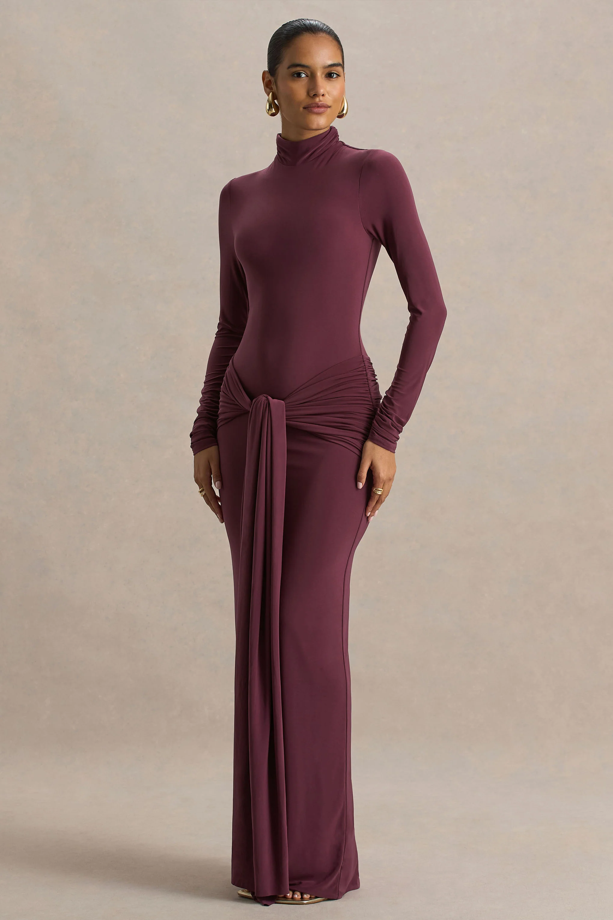 Myra | Burgundy High-Neck Maxi Dress With Sash and Ruched Detailing - Image 4