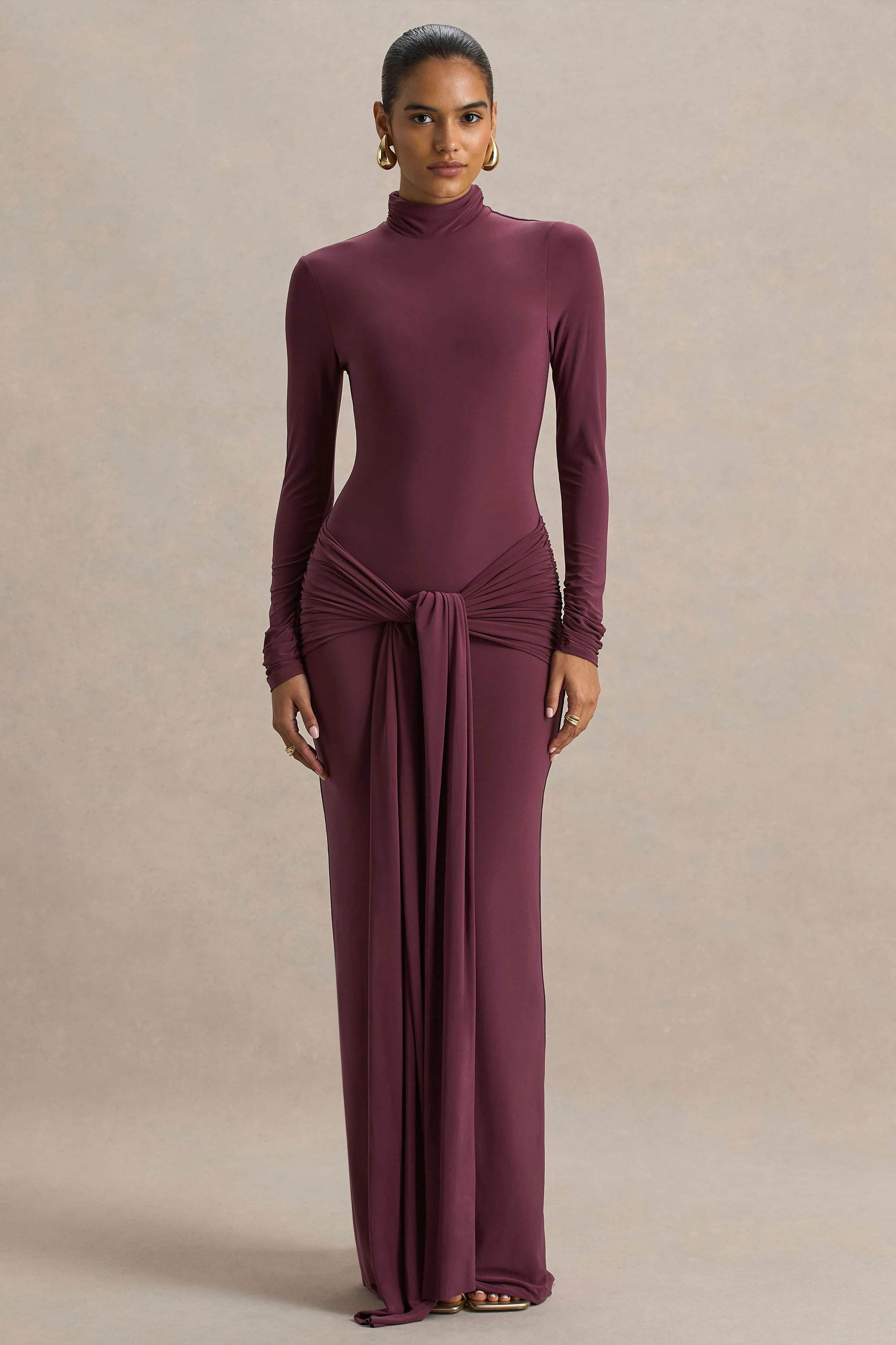Myra | Burgundy High-Neck Maxi Dress With Sash and Ruched Detailing - Image 5