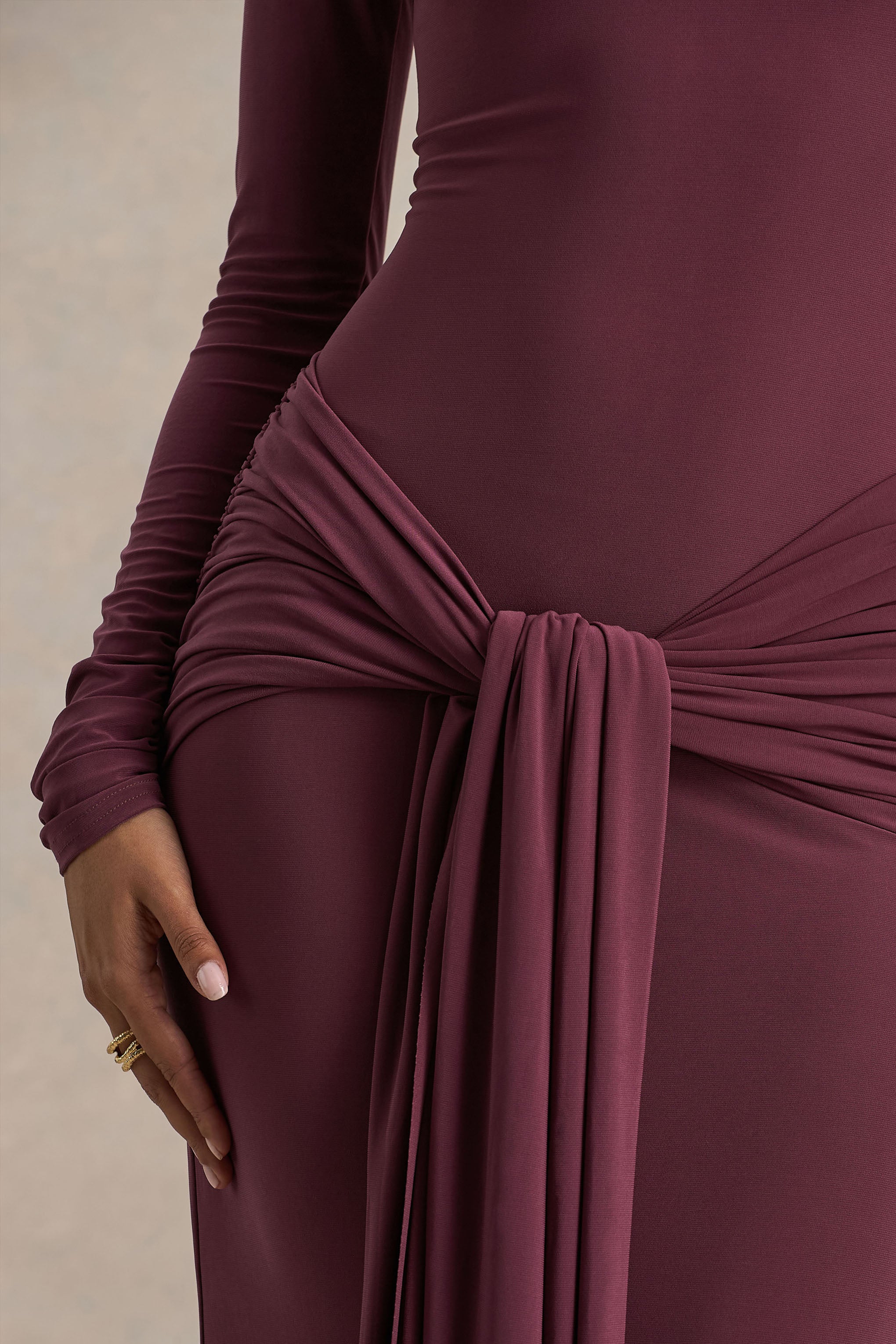 Myra | Burgundy High-Neck Maxi Dress With Sash and Ruched Detailing - Image 6