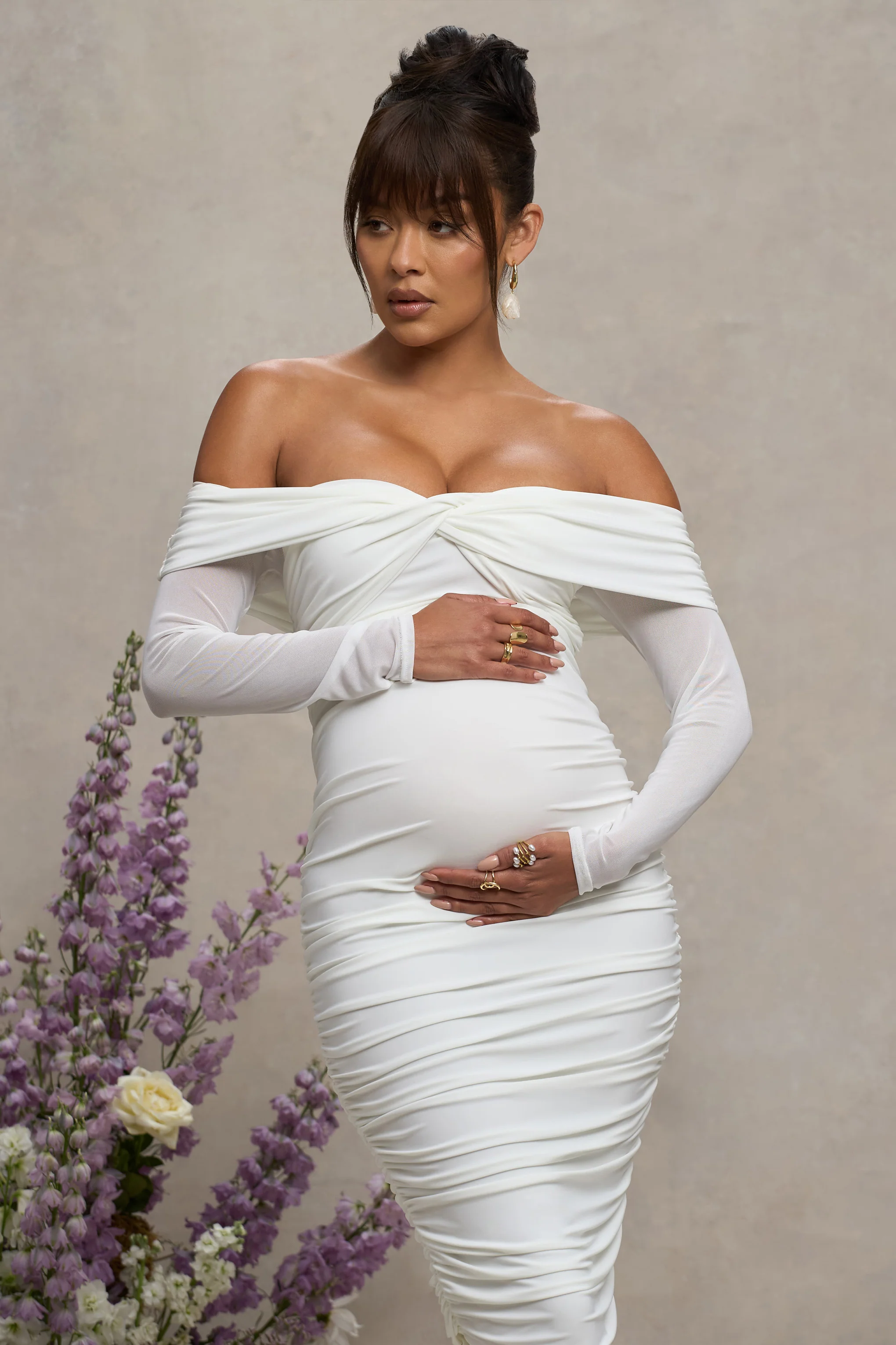 Neva | White Bardot Twist Maternity Midi Dress - Image 3