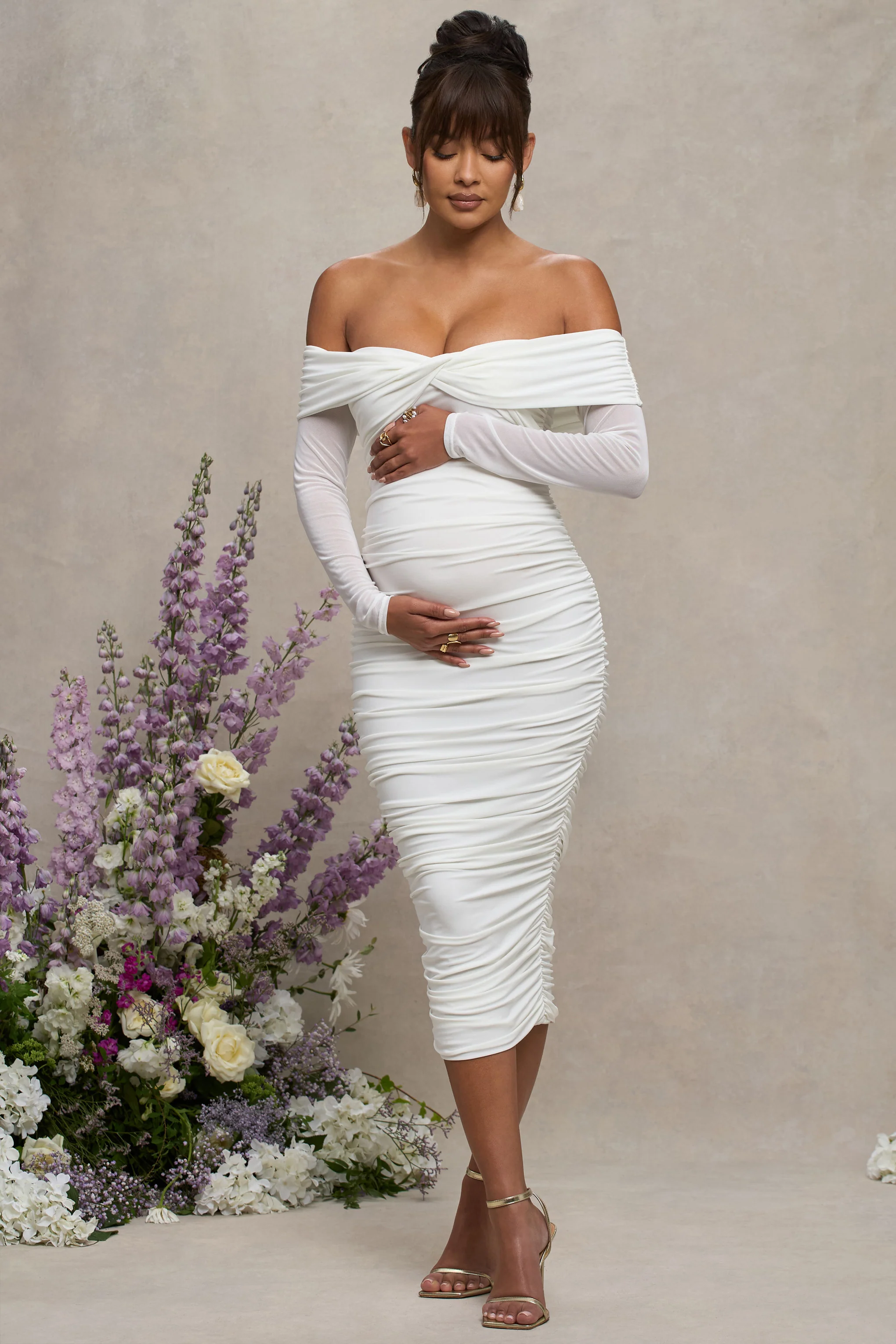 Neva | White Bardot Twist Maternity Midi Dress - Image 4