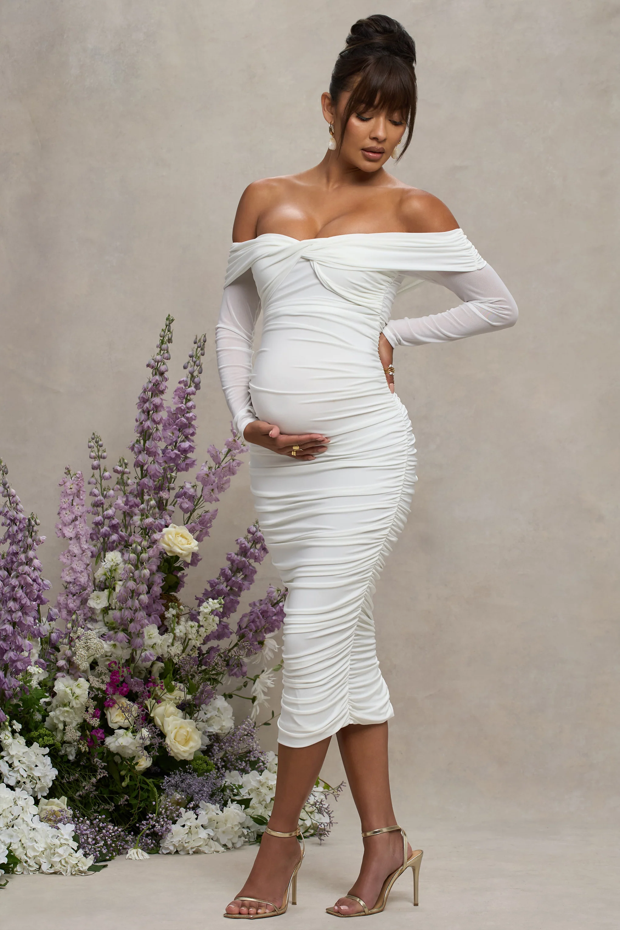 Neva | White Bardot Twist Maternity Midi Dress - Image 5