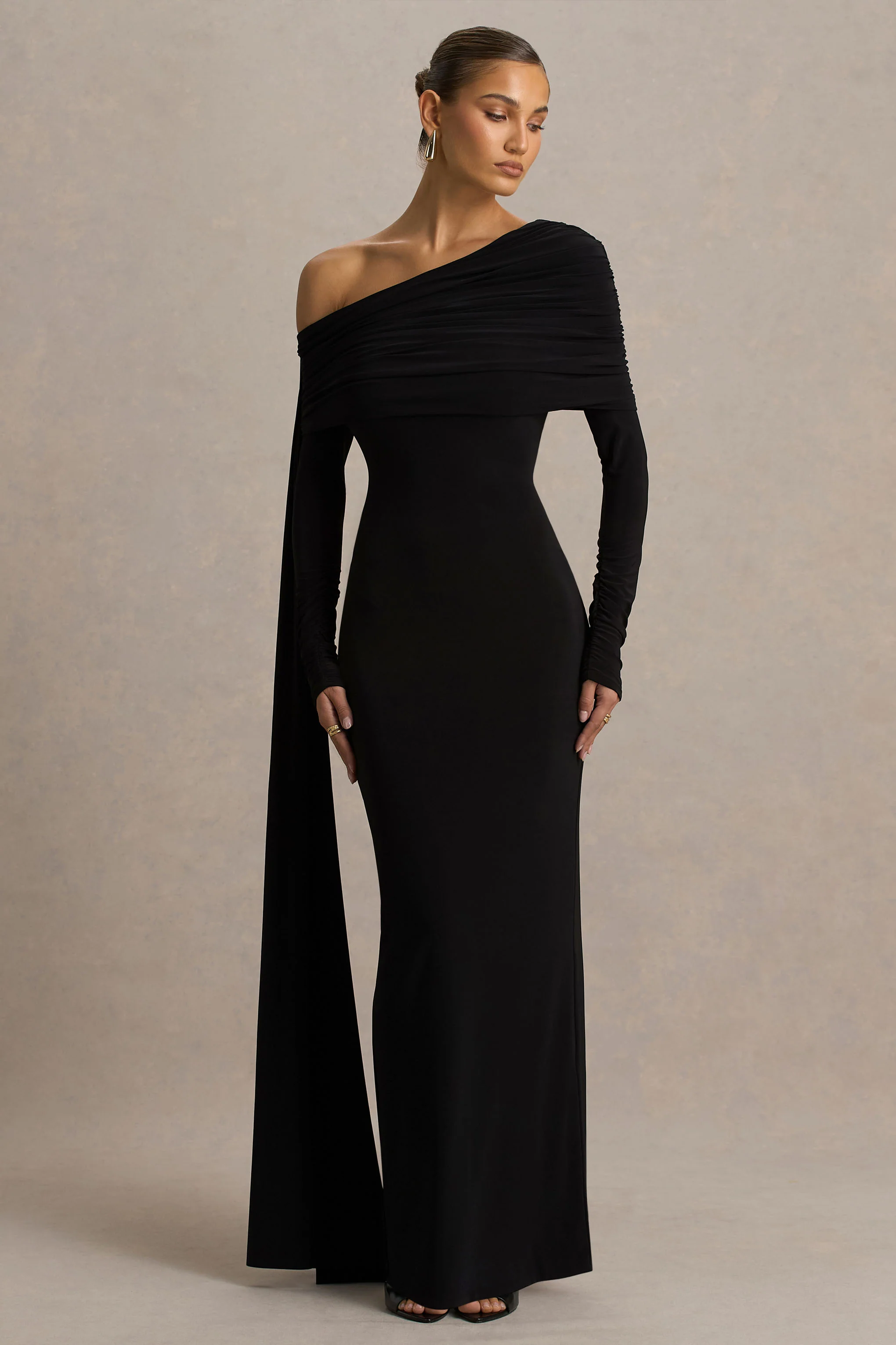 Octavia | Black Bardot-Neck Maxi Dress With Cape And Ruched Detailing - Image 4
