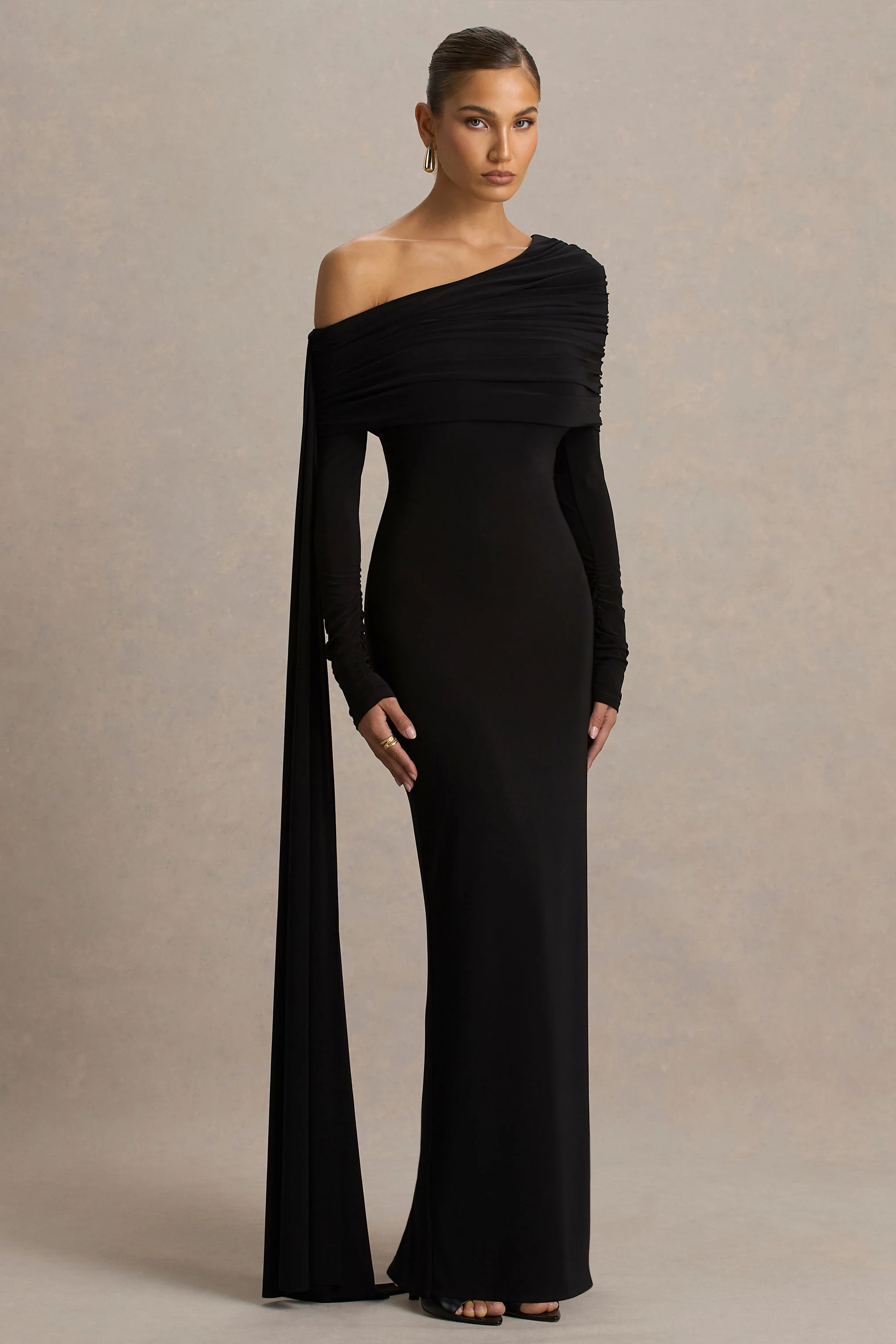 Octavia | Black Bardot-Neck Maxi Dress With Cape And Ruched Detailing - Image 5