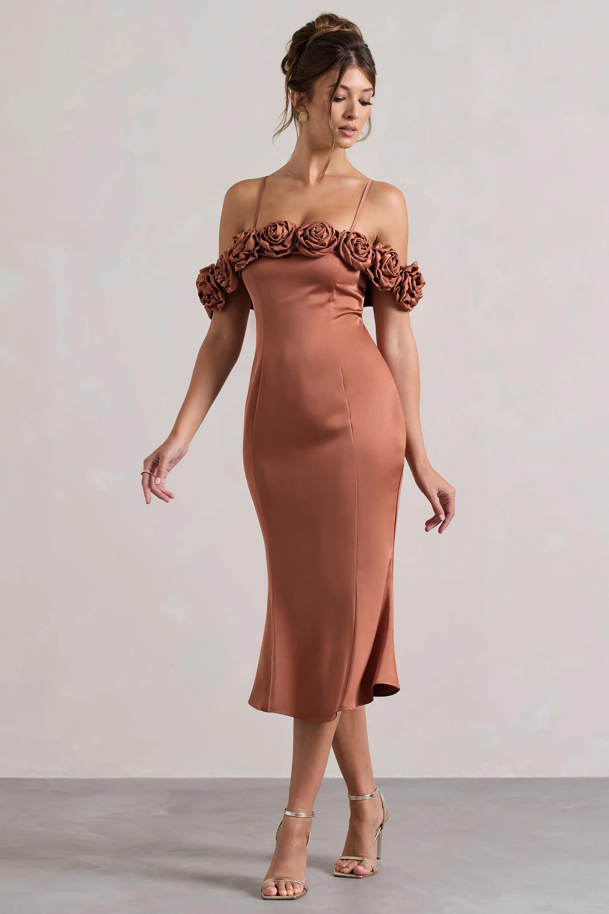Petunia | Rust Satin Floral Bardot Midi Dress - Image 4