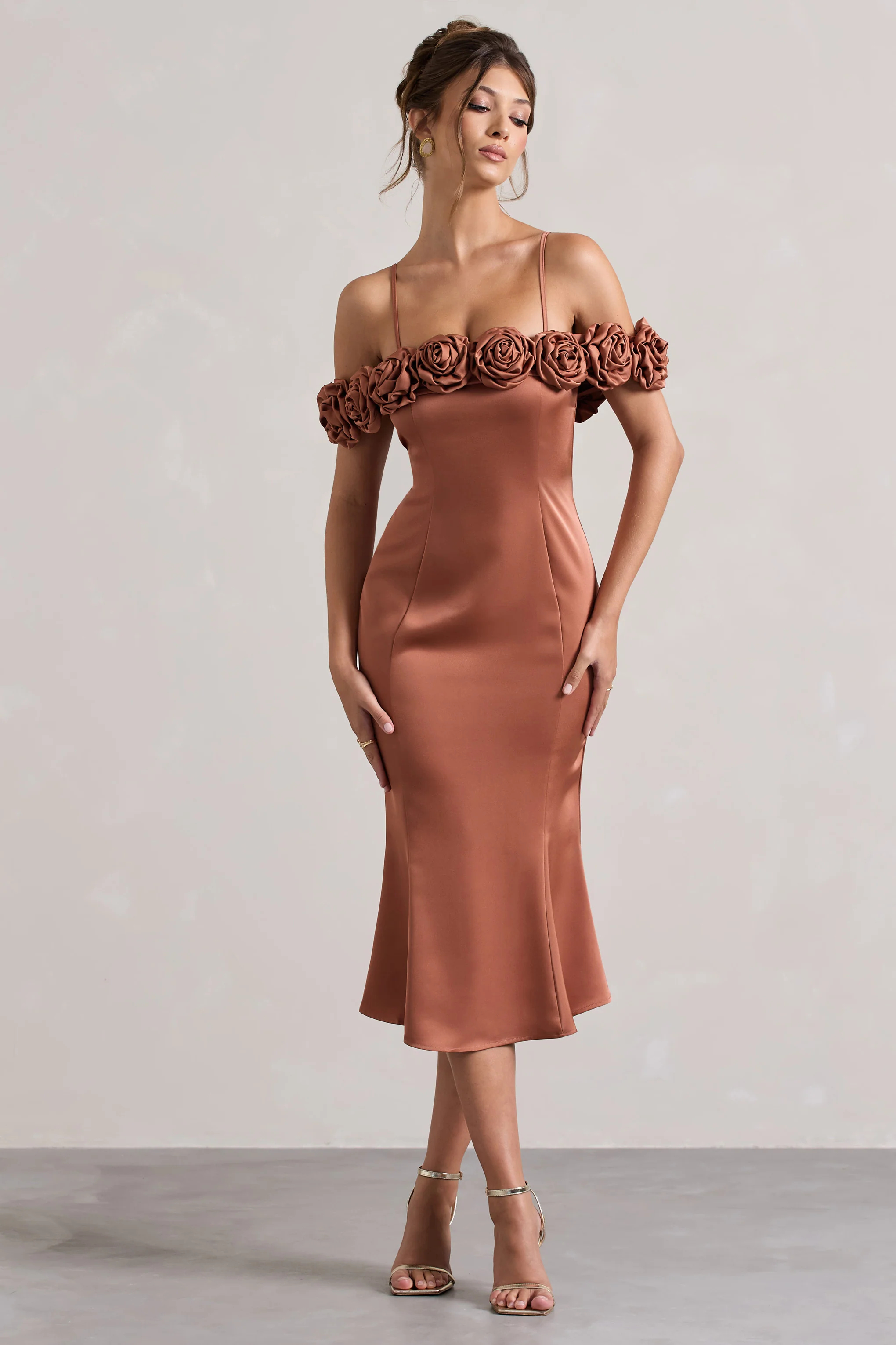 Petunia | Rust Satin Floral Bardot Midi Dress - Image 5