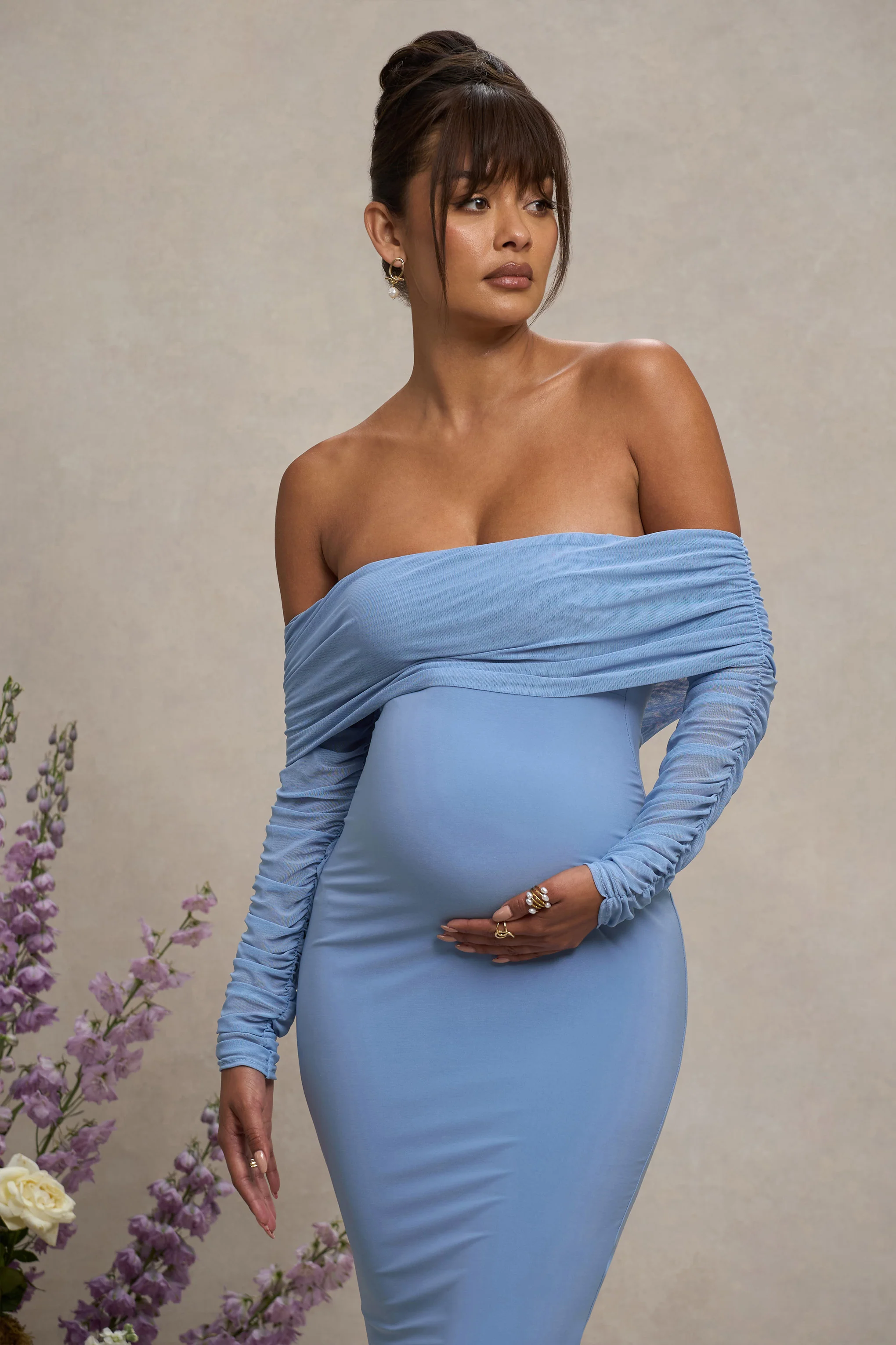 Patiently Waiting | Powder Blue Maternity Ruched Mesh Bardot Midi Dress - Image 3