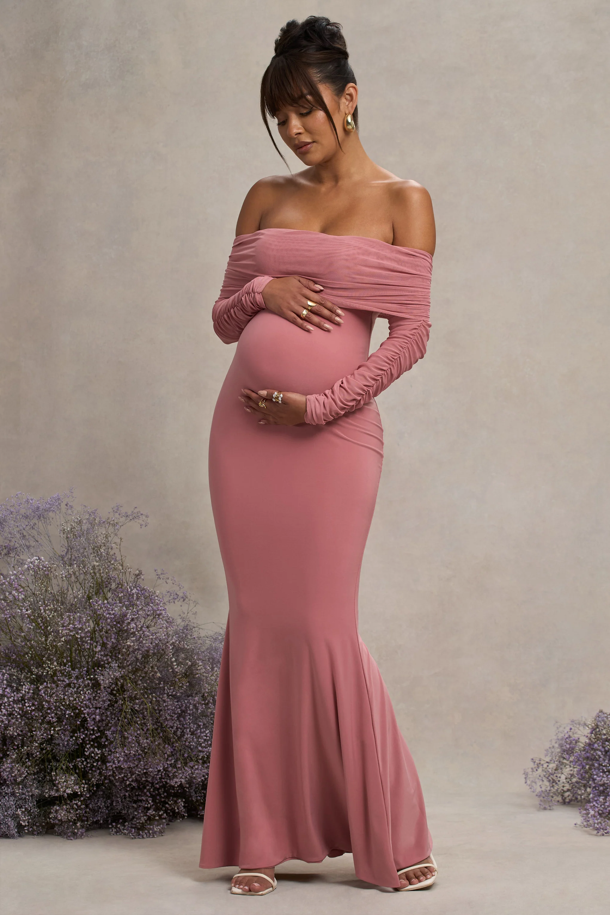 Pretty Perfect | Blush Pink Maternity Ruched Mesh Bardot Maxi Dress - Image 4