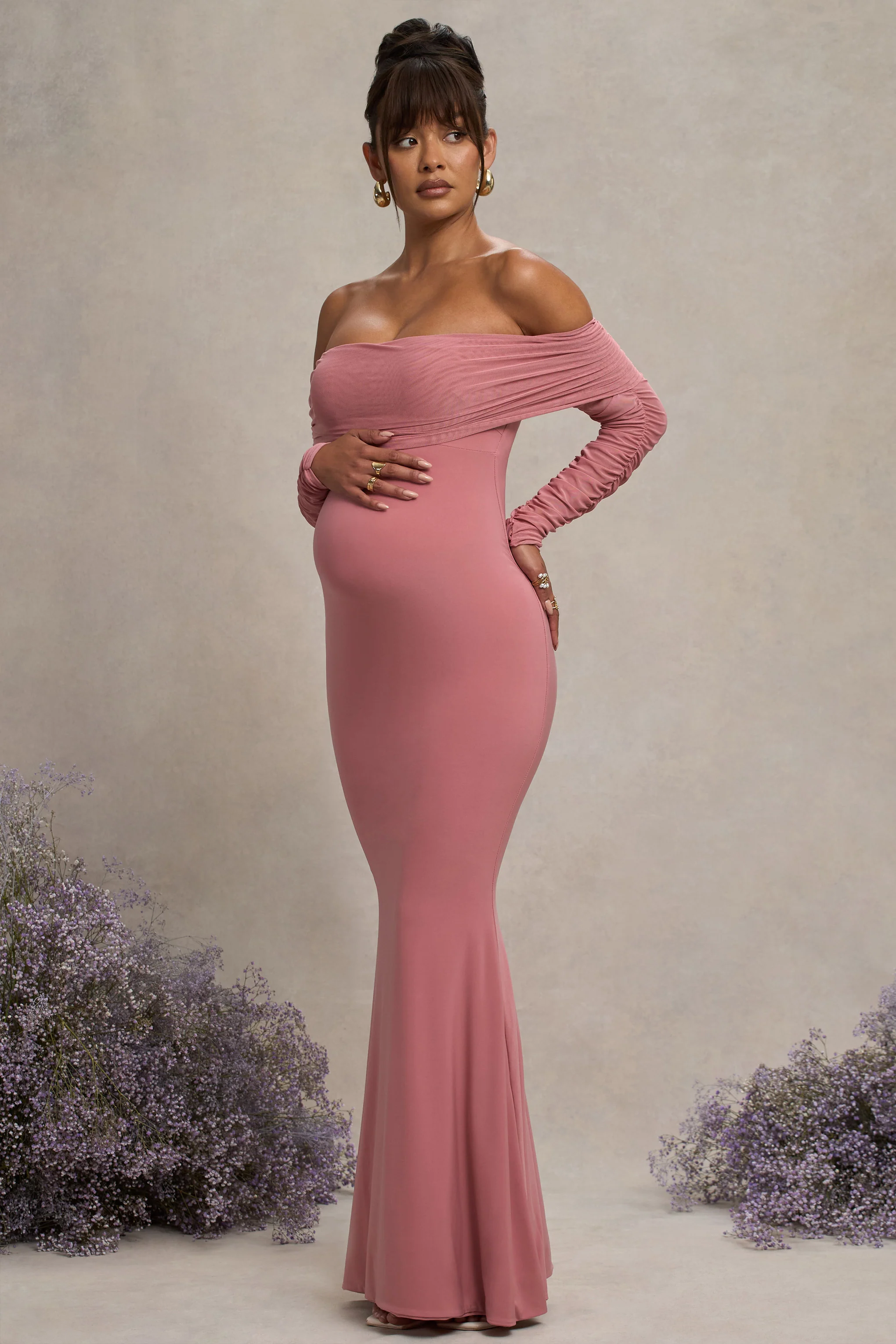 Pretty Perfect | Blush Pink Maternity Ruched Mesh Bardot Maxi Dress - Image 5