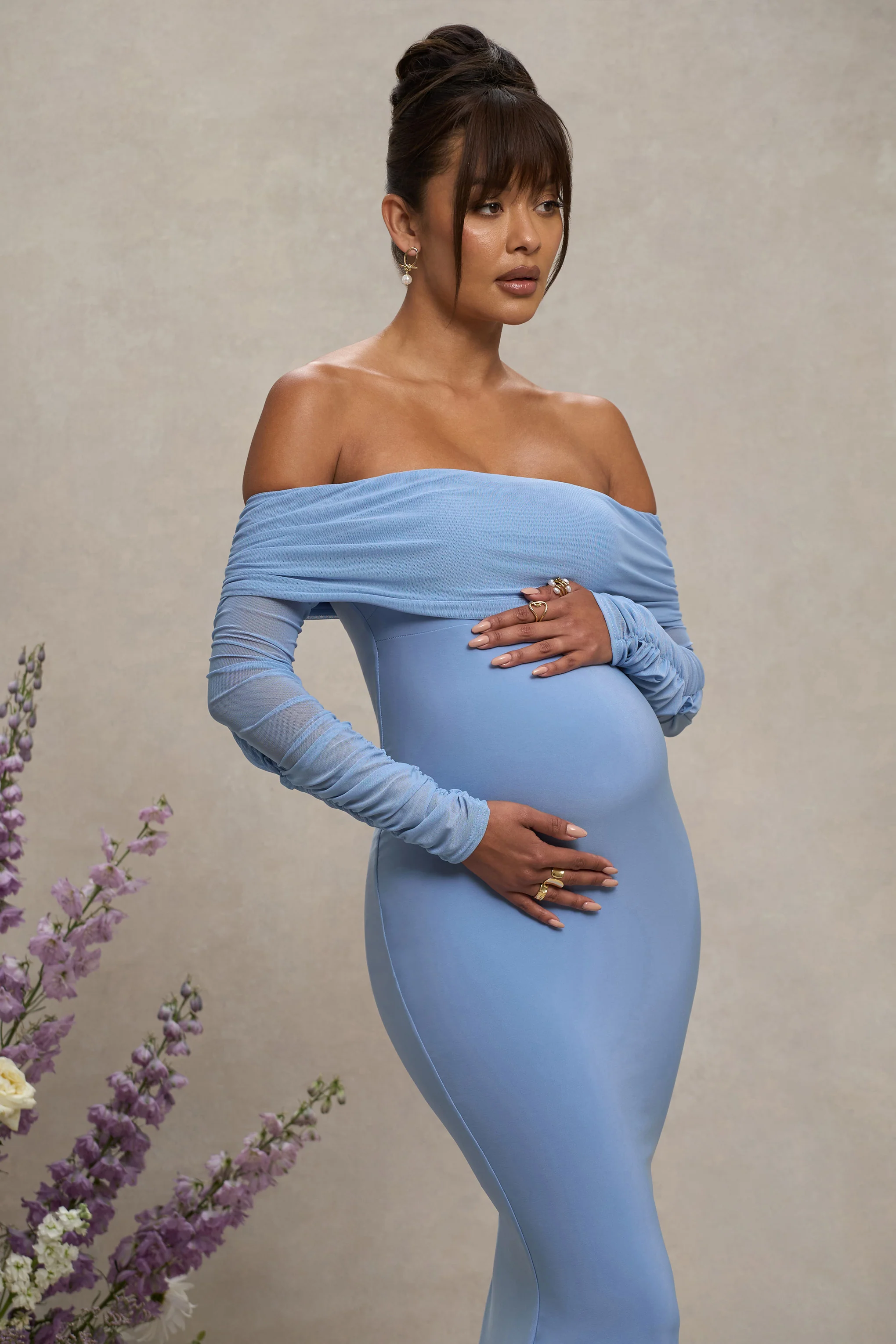 Pretty Perfect | Powder Blue Maternity Ruched Mesh Bardot Maxi Dress - Image 3