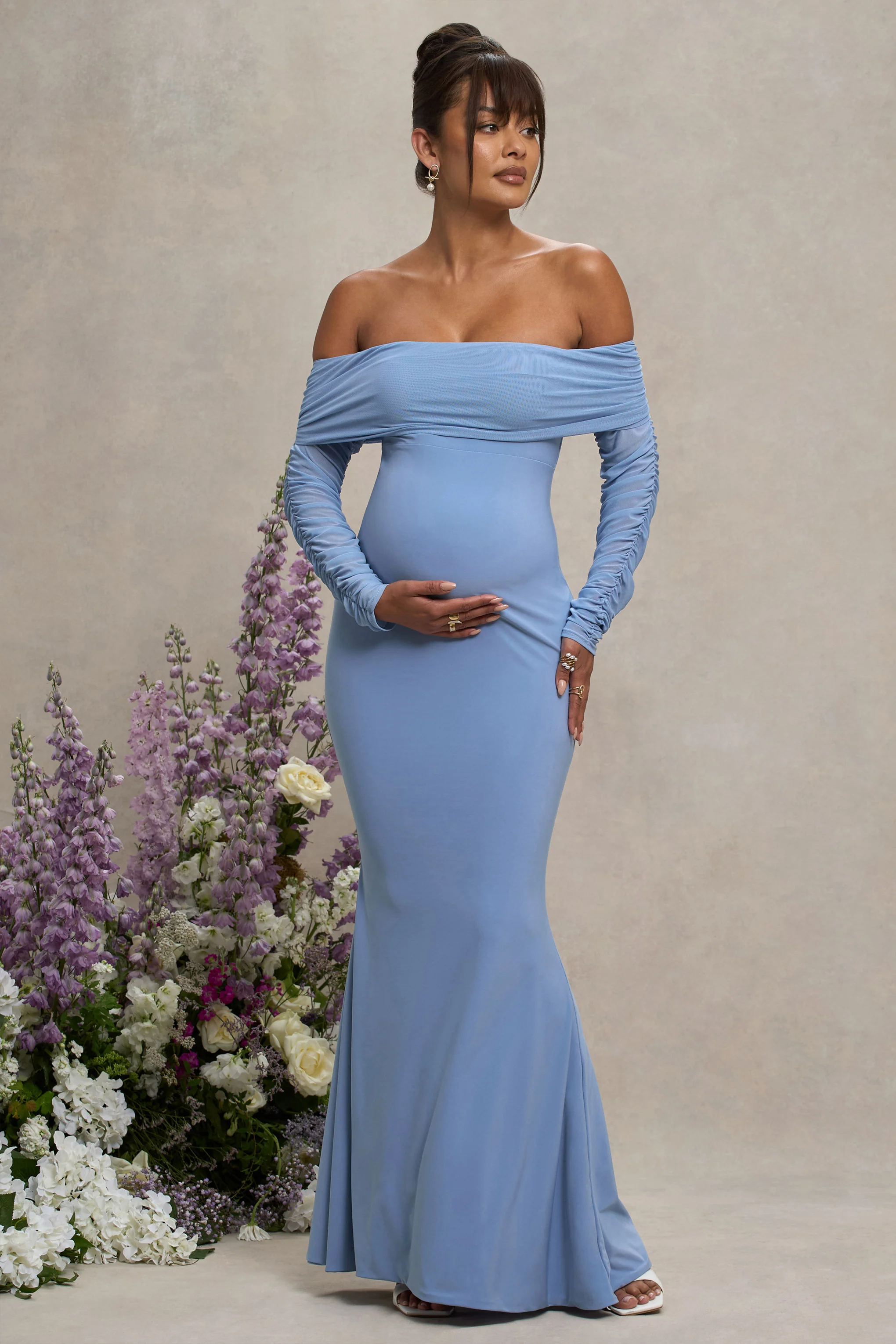 Pretty Perfect | Powder Blue Maternity Ruched Mesh Bardot Maxi Dress - Image 4
