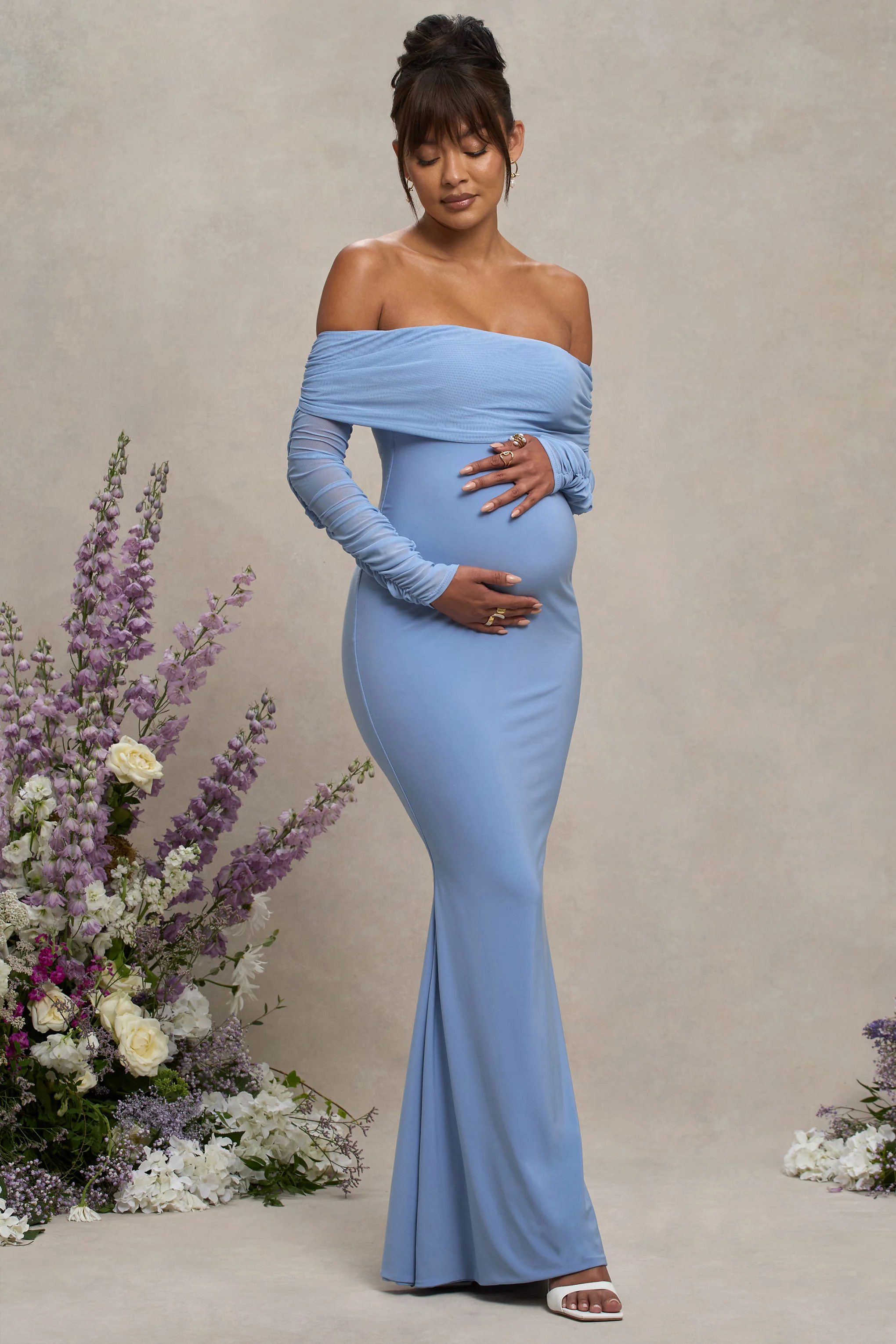 Pretty Perfect | Powder Blue Maternity Ruched Mesh Bardot Maxi Dress - Image 5