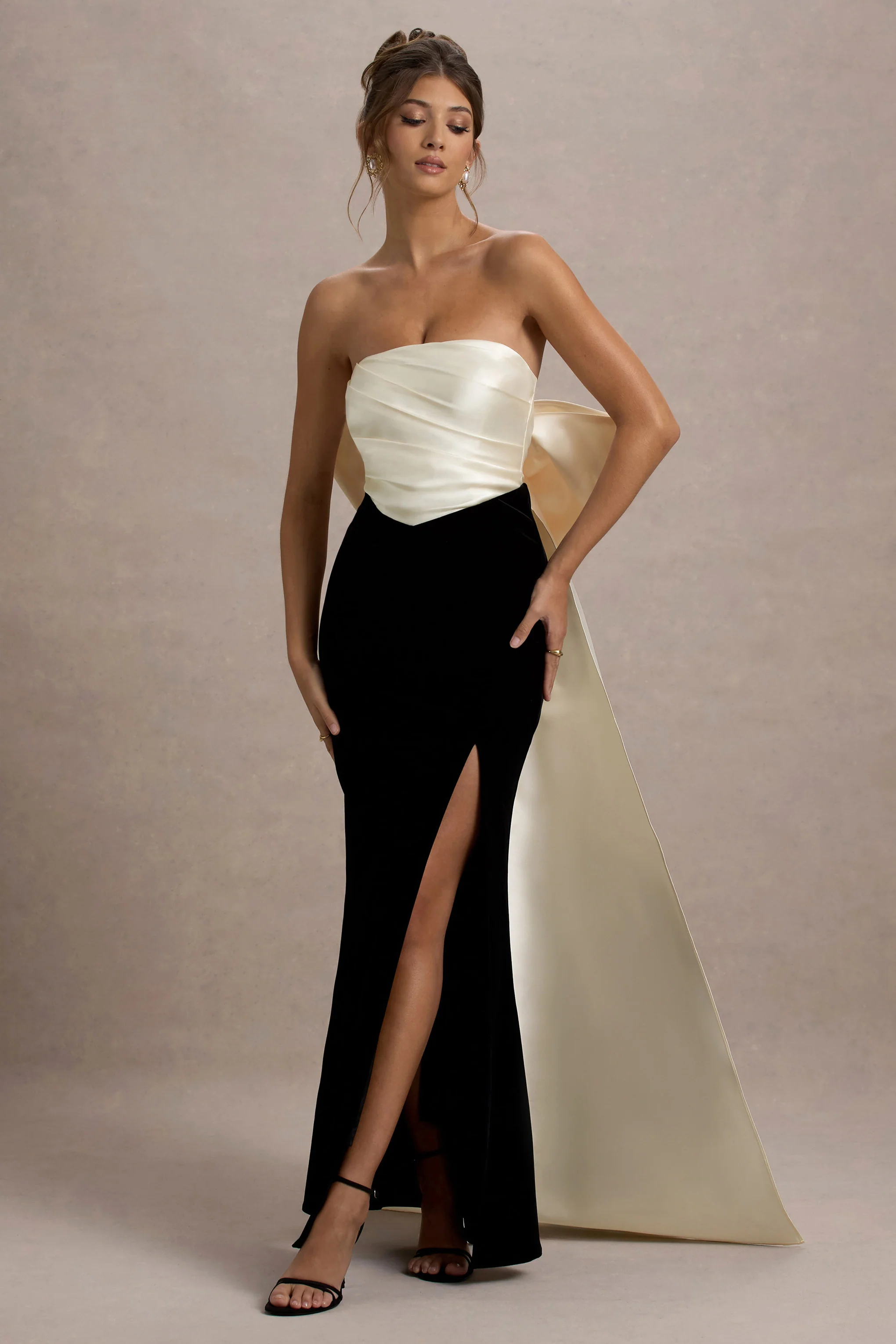 Take A Bow | Black & Cream Velvet Strapless Maxi Dress With Oversized Bow - Image 5