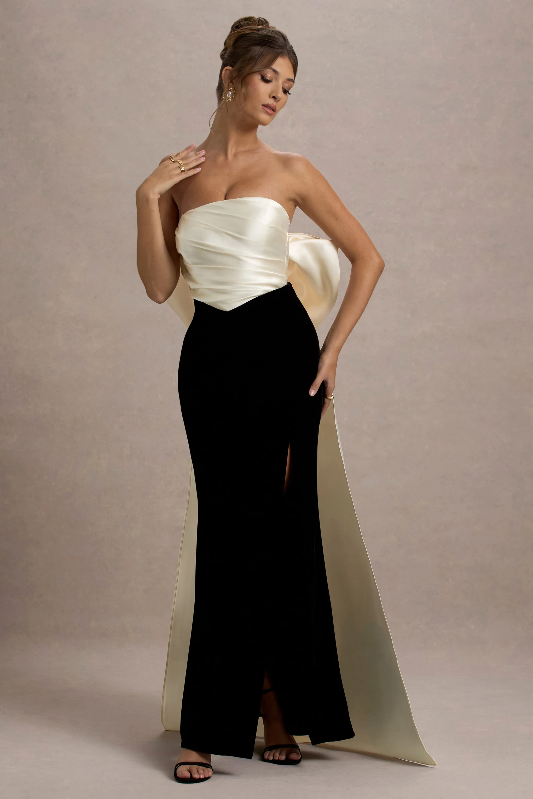 Take A Bow | Black & Cream Velvet Strapless Maxi Dress With Oversized Bow - Image 6