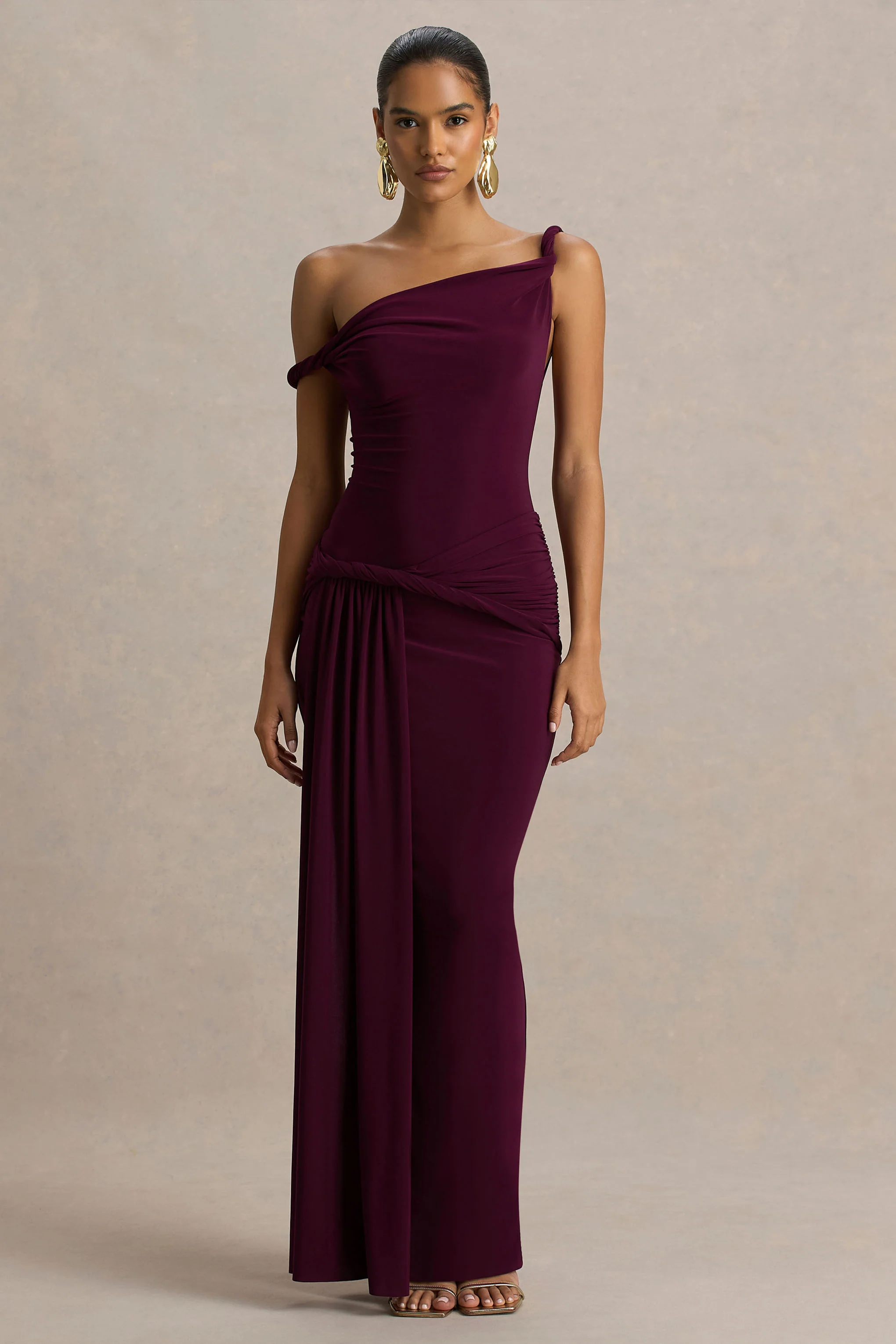 Tulisa | Burgundy Asymmetric-Neck Maxi Dress With Twist Sleeves And Ruched Detailing - Image 3
